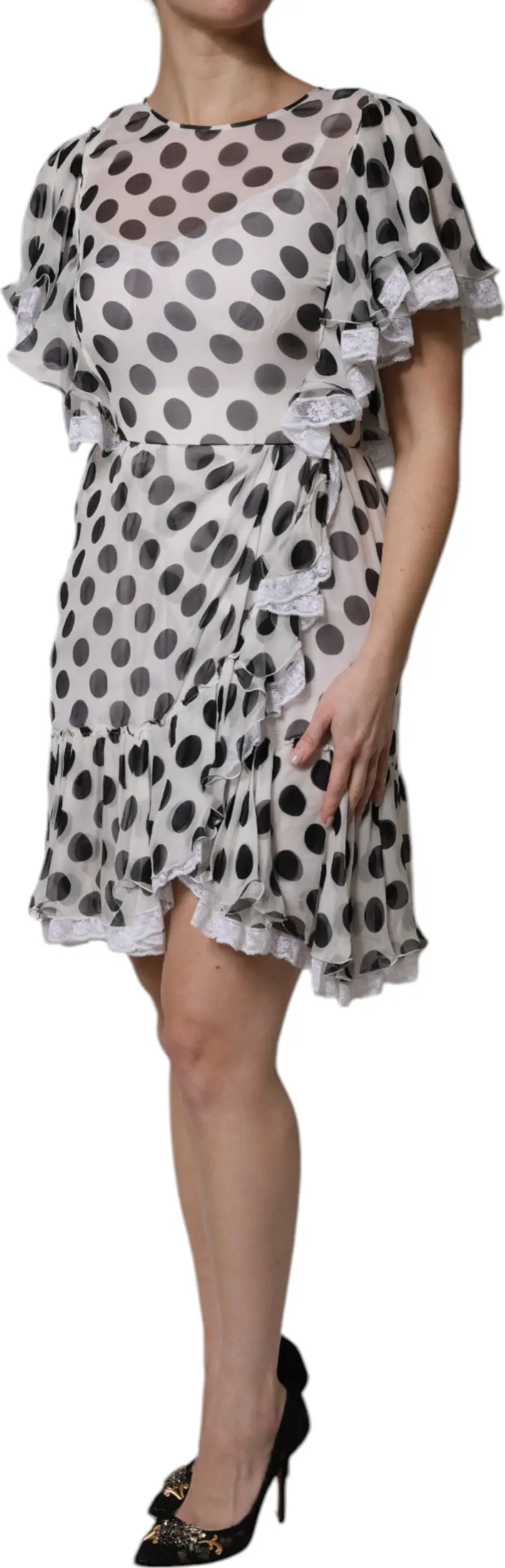 White Polka Dotted Silk Blend A-line Dress by Dolce & Gabbana