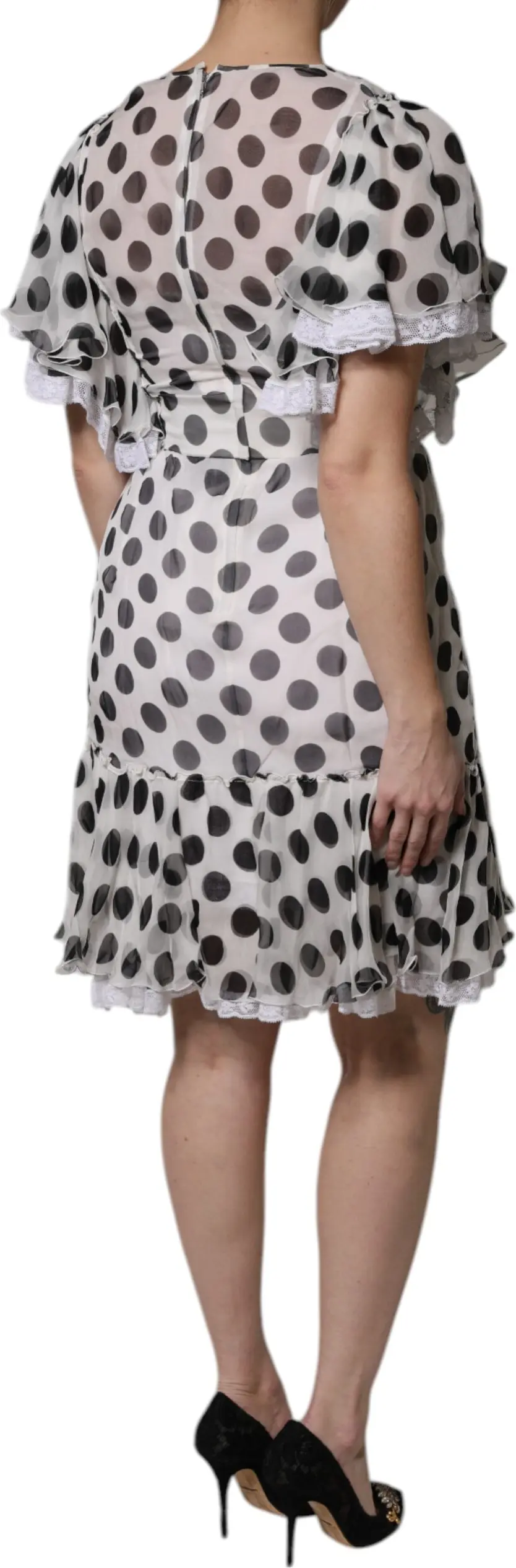 White Polka Dotted Silk Blend A-line Dress by Dolce & Gabbana