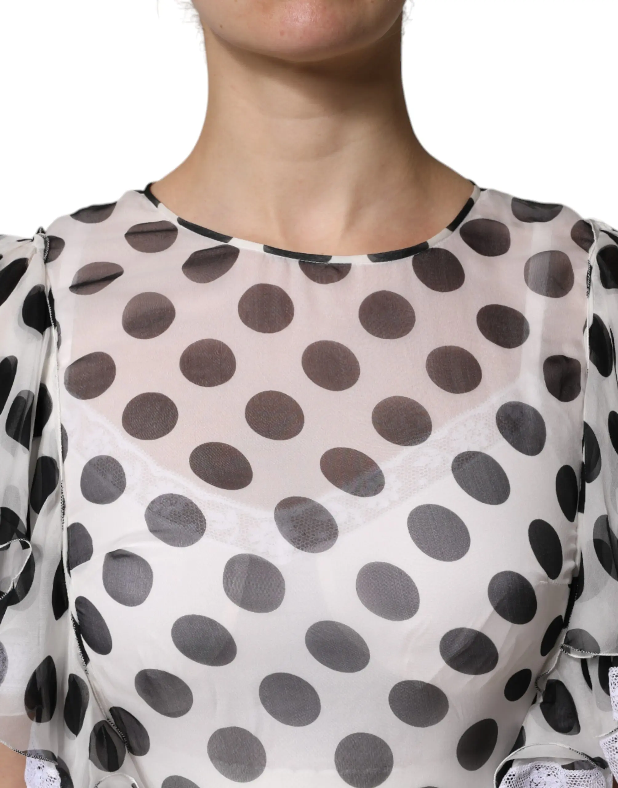 White Polka Dotted Silk Blend A-line Dress by Dolce & Gabbana