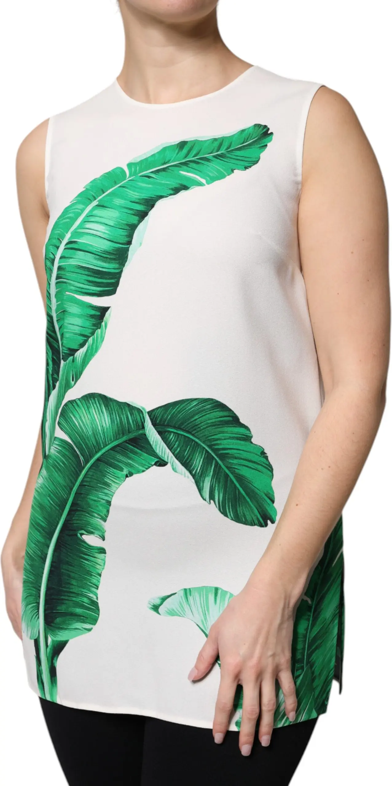 White Banana Leaf Print Round Neck Tank Top Dolce & Gabbana