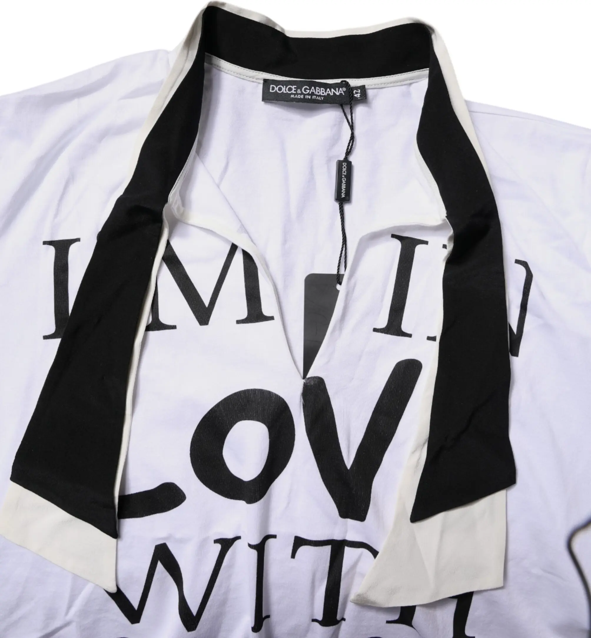 T-shirt Dolce & Gabbana White Cotton Silk Blend Ascot Collar T-shirt