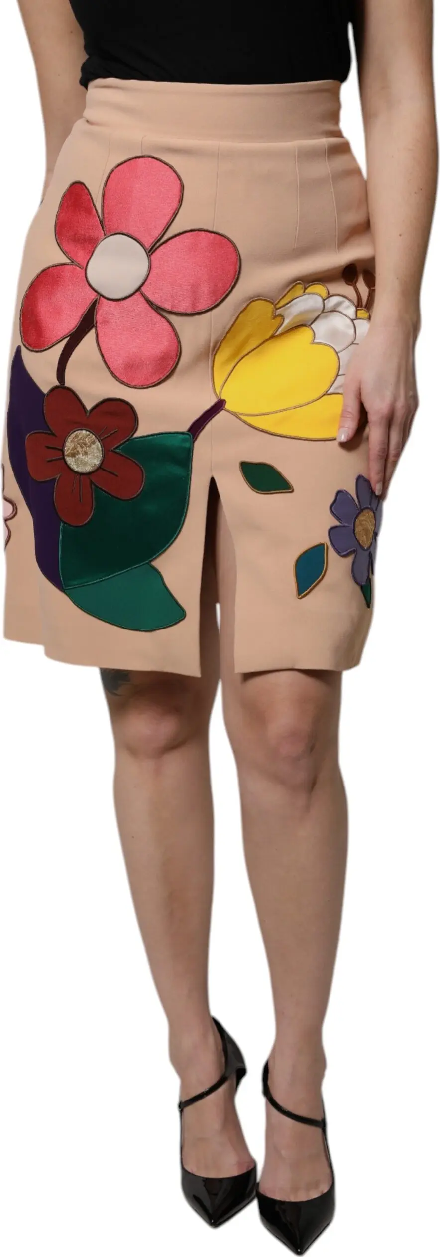 Beige Floral High Waist Pencil Cut Skirt Dolce & Gabbana