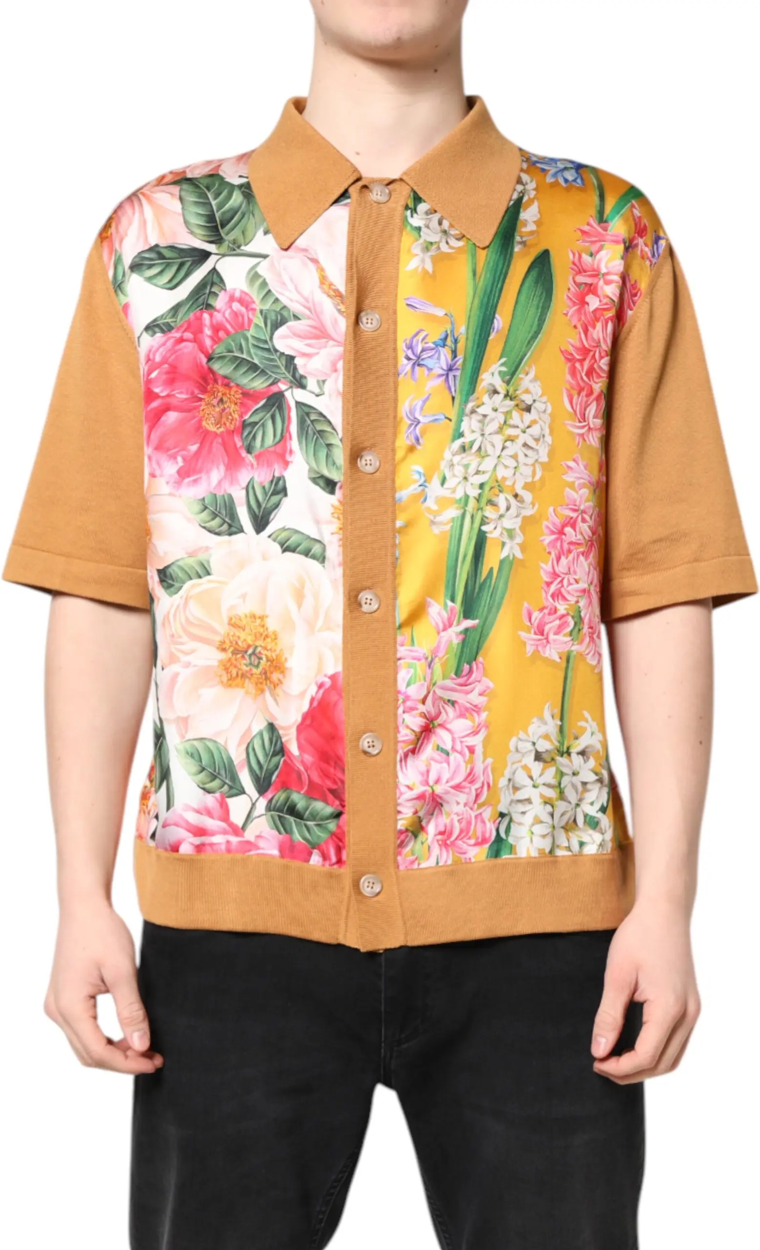 Коричневая футболка с цветочным принтом и воротником Dolce & Gabbana с коротким рукавом