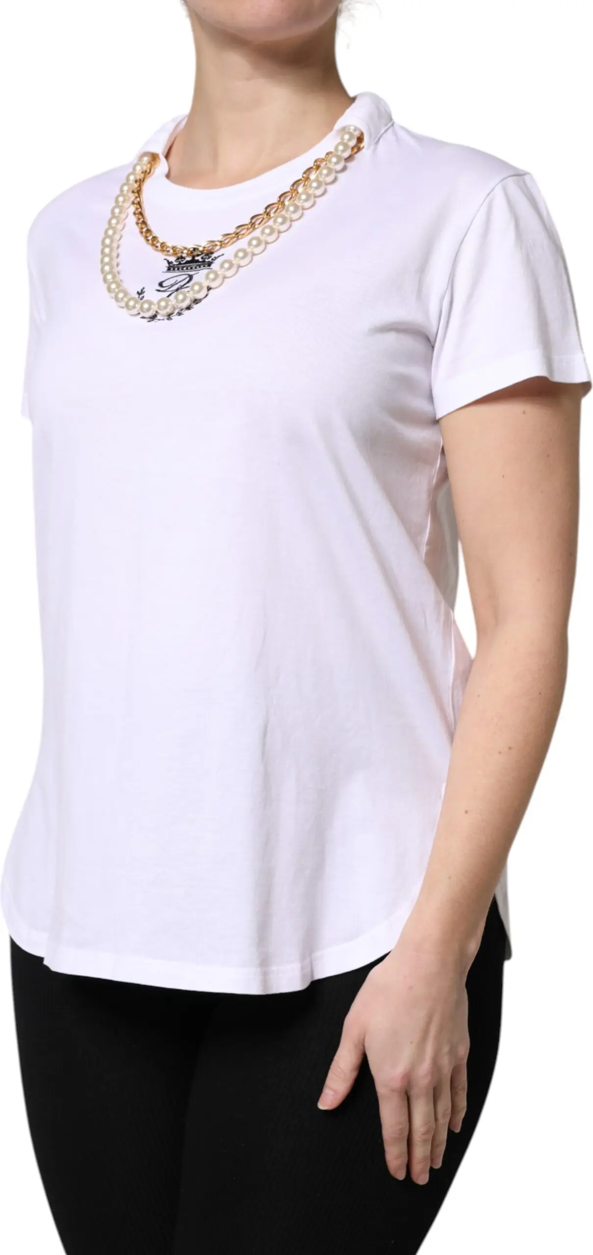 White Chain Pearl Cotton Round Neck T-shirt Dolce & Gabbana
