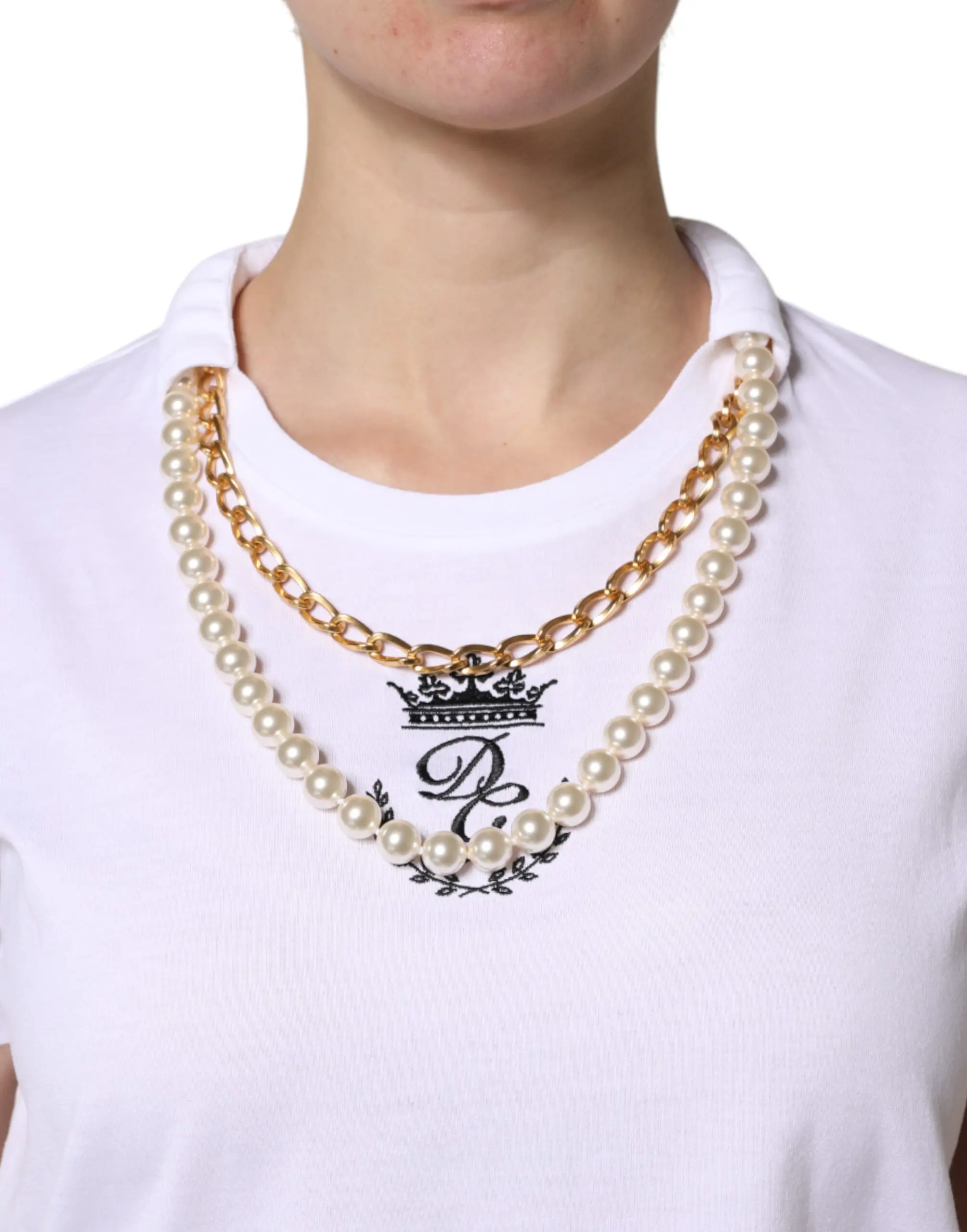 White Chain Pearl Cotton Round Neck T-shirt Dolce & Gabbana