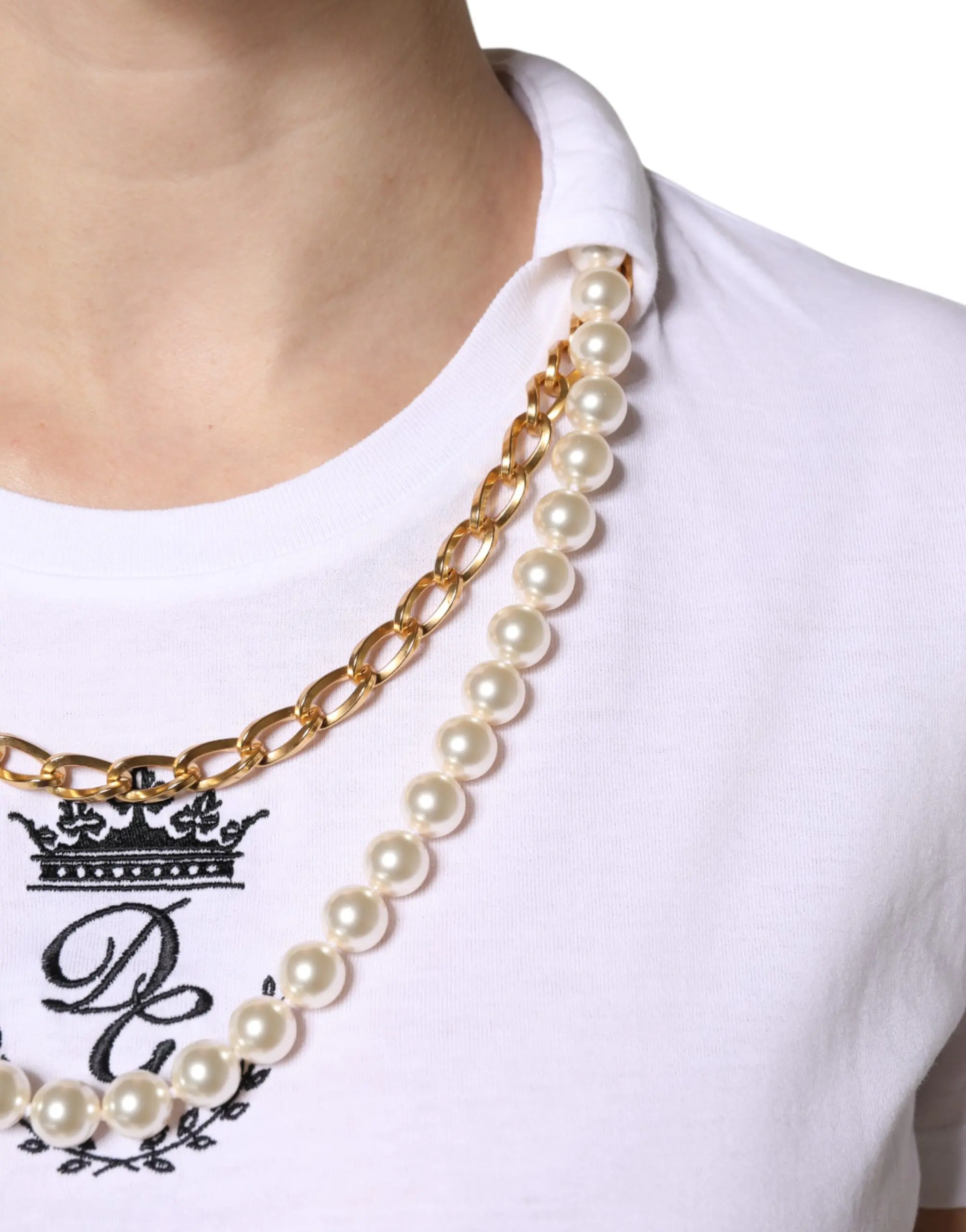 White Chain Pearl Cotton Round Neck T-shirt Dolce & Gabbana
