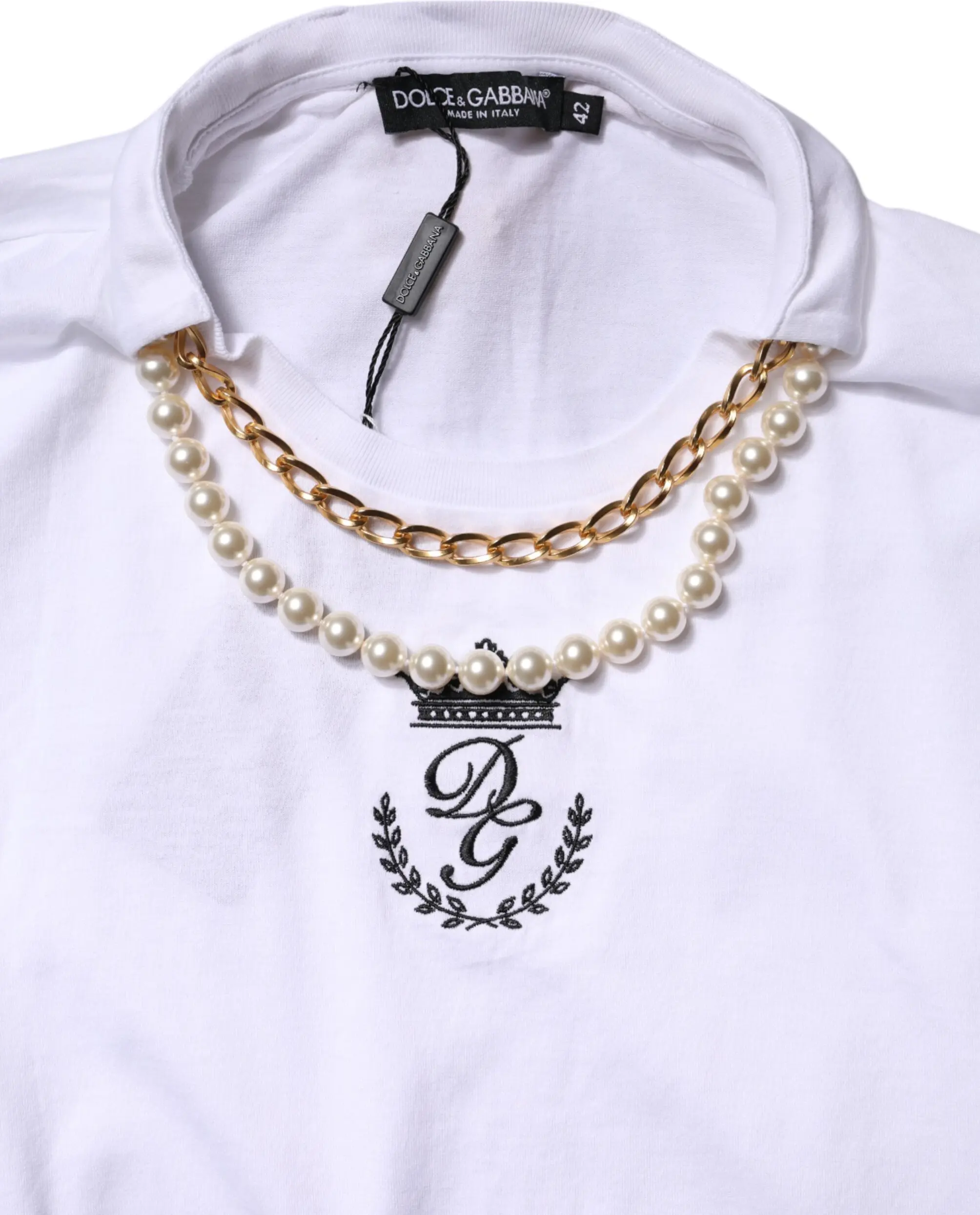 White Chain Pearl Cotton Round Neck T-shirt Dolce & Gabbana