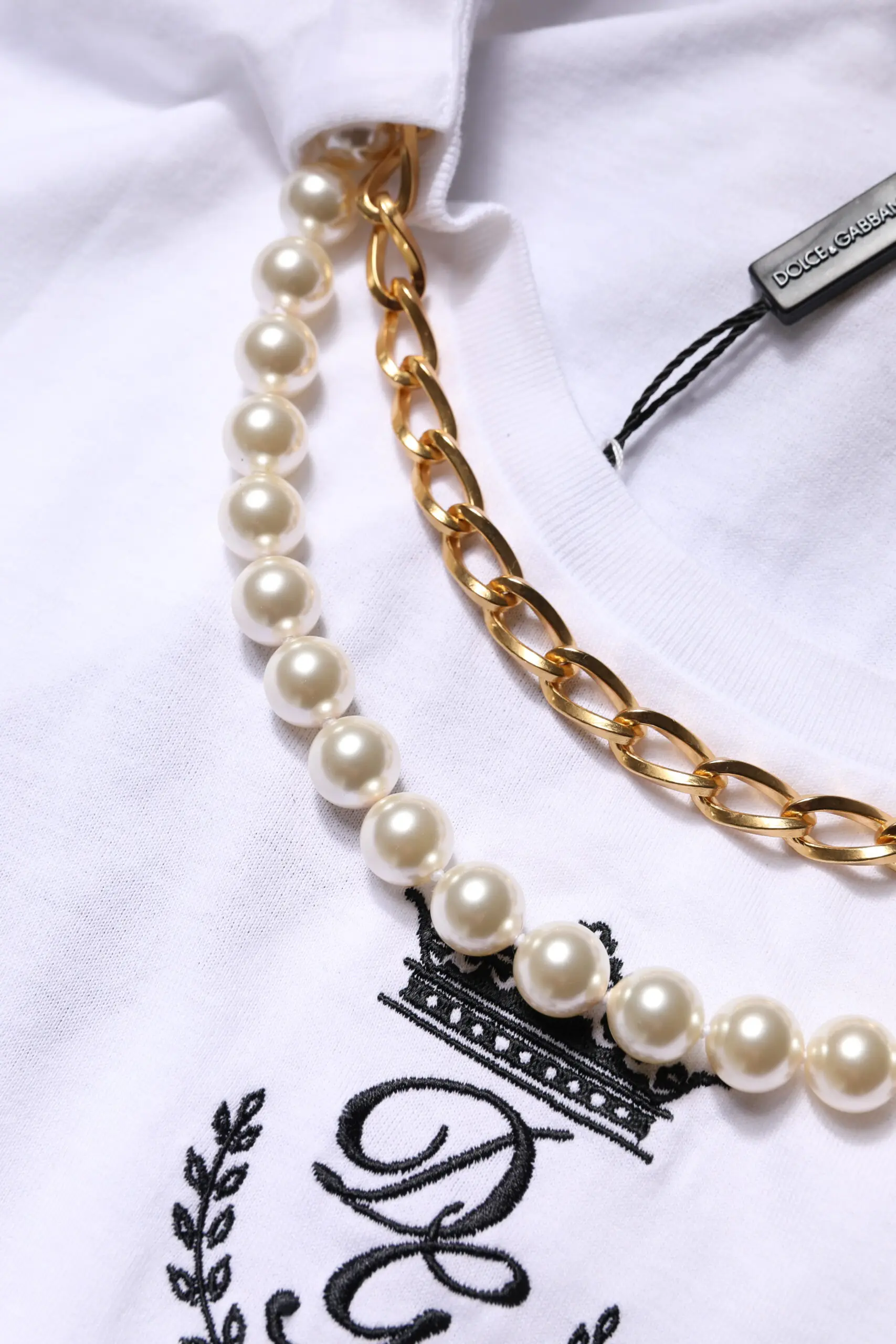 White Chain Pearl Cotton Round Neck T-shirt Dolce & Gabbana