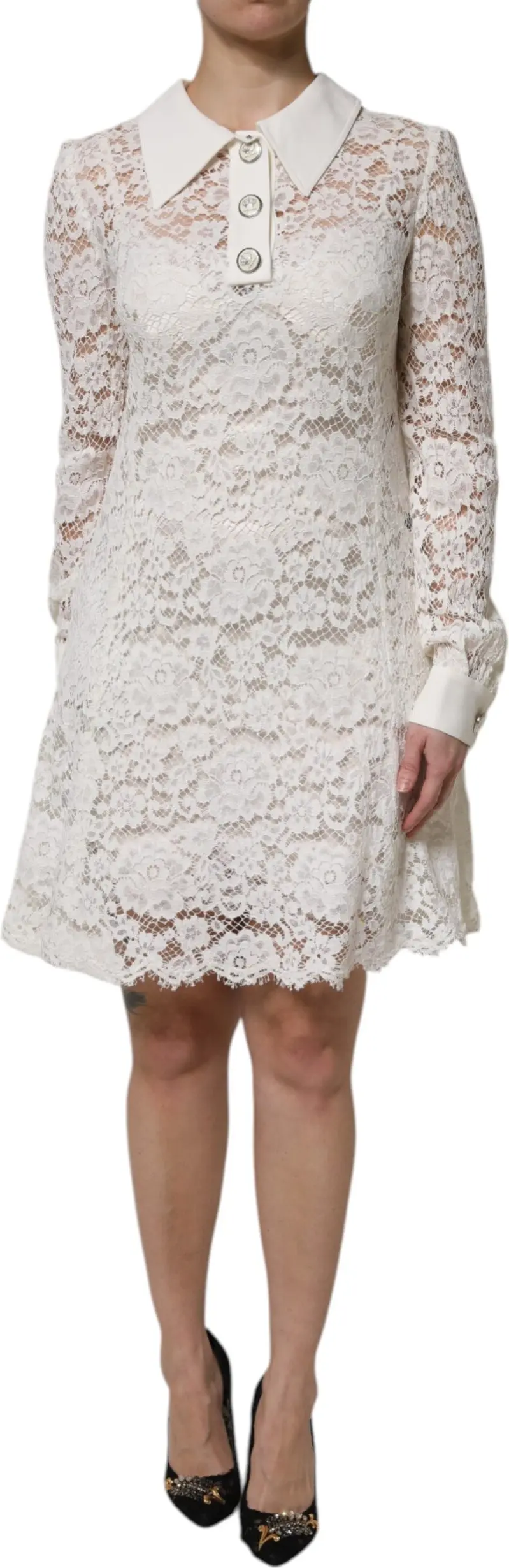 Oq gul bosma dantelli uzun yengli A-line ko'ylak Dolce & Gabbana