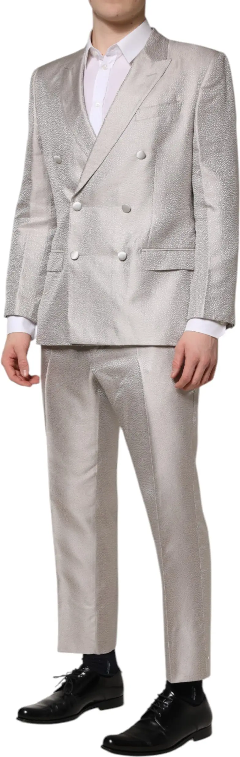 Dolce & Gabbana Light Gray Jacquard Silk Dotted 2 Parça Kostyum