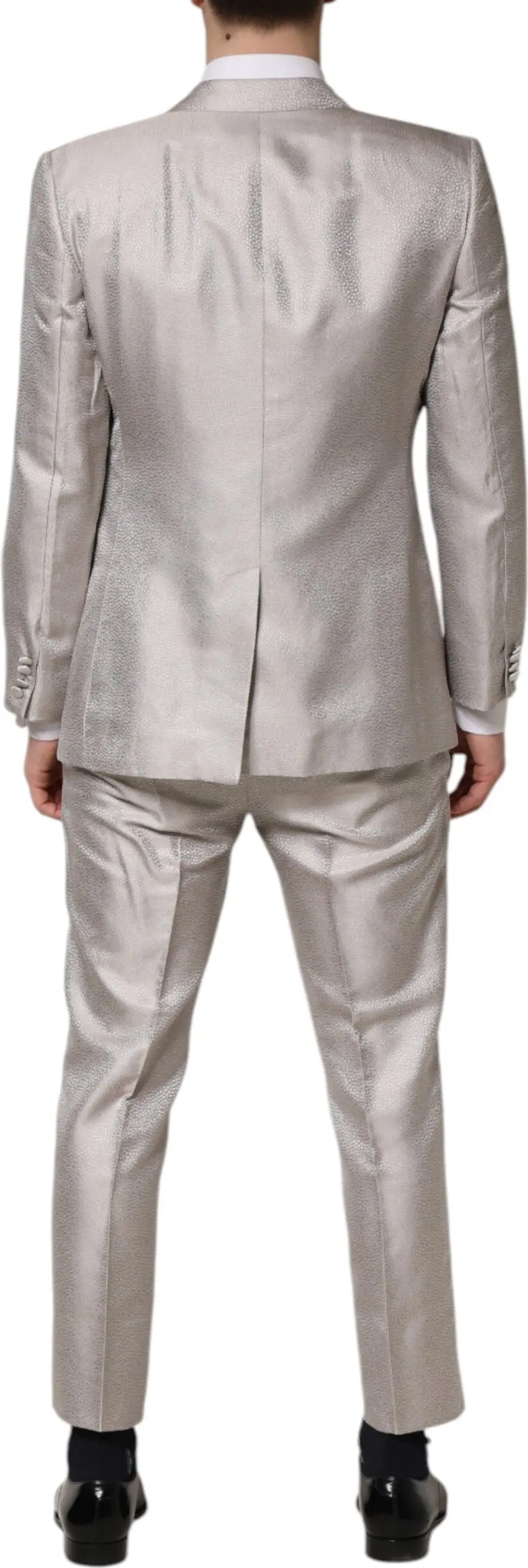 Dolce & Gabbana Light Gray Jacquard Silk Dotted 2 Parça Kostyum