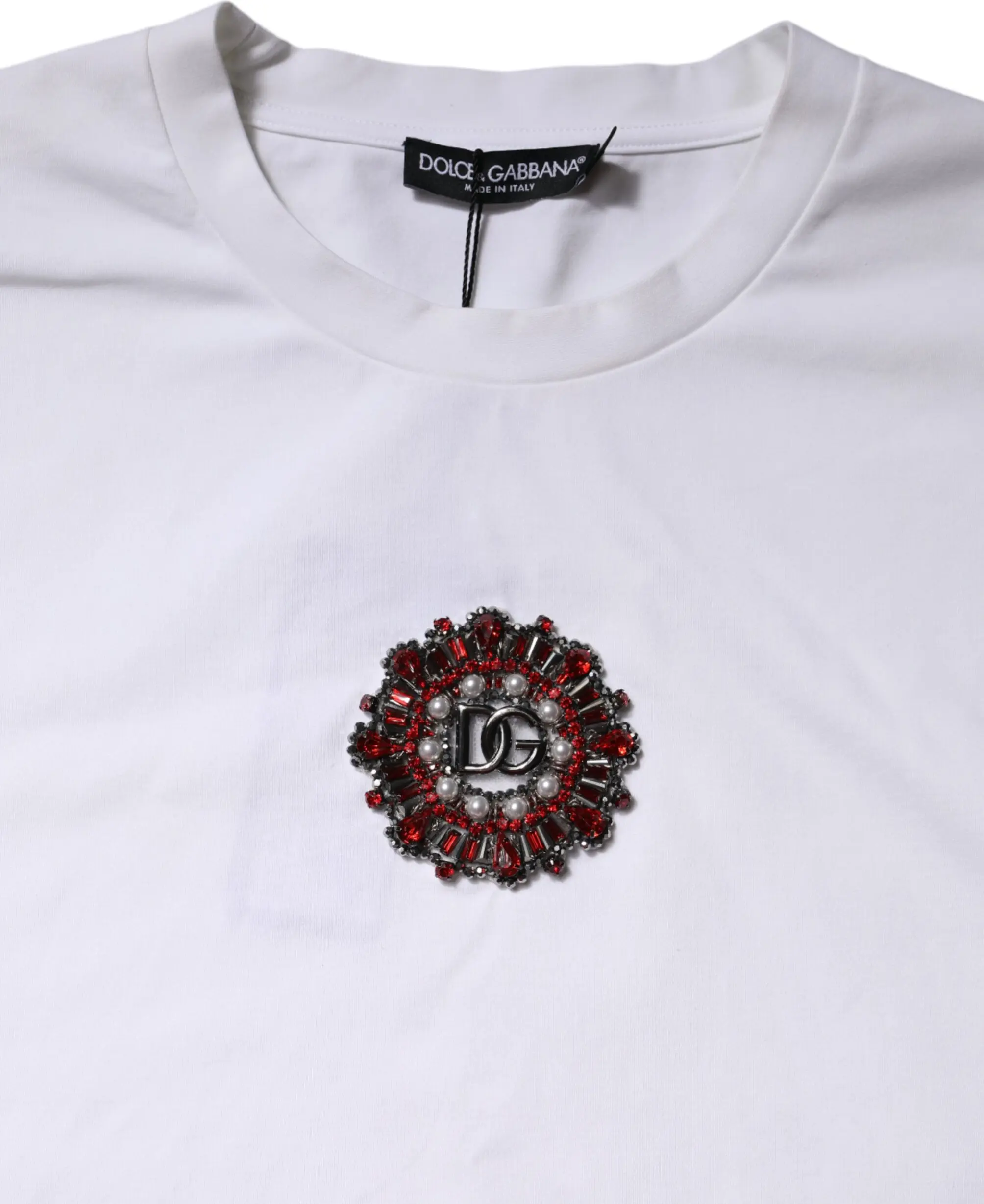 Dolce & Gabbana ning oq logotipli, kristalli bezakli, qisqa yengli futbolka