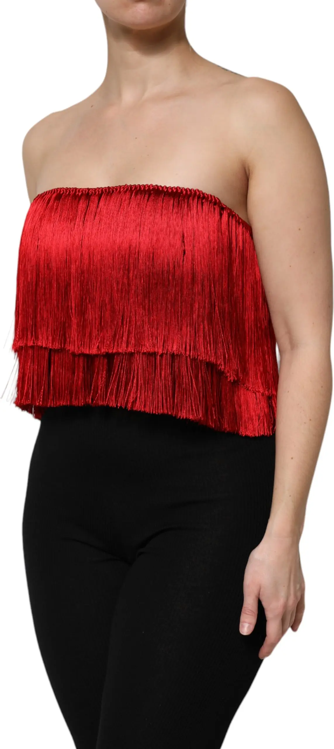 Red Silk Strapless Fringe Crop Tube Top Dolce & Gabbana