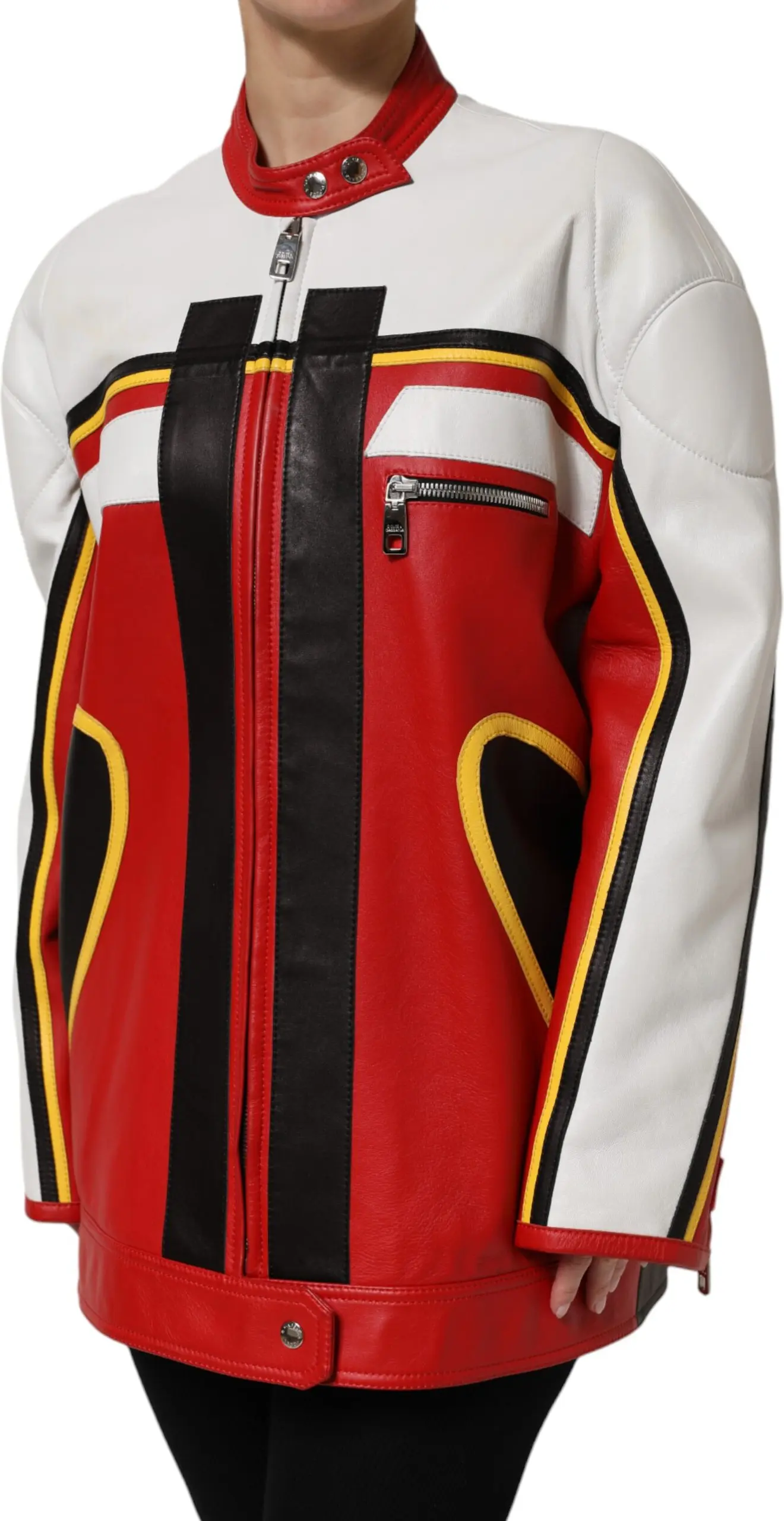 Oltin/ko'k rangli Charm Leather Mototsiklchi Kurtkasi Dolce & Gabbana