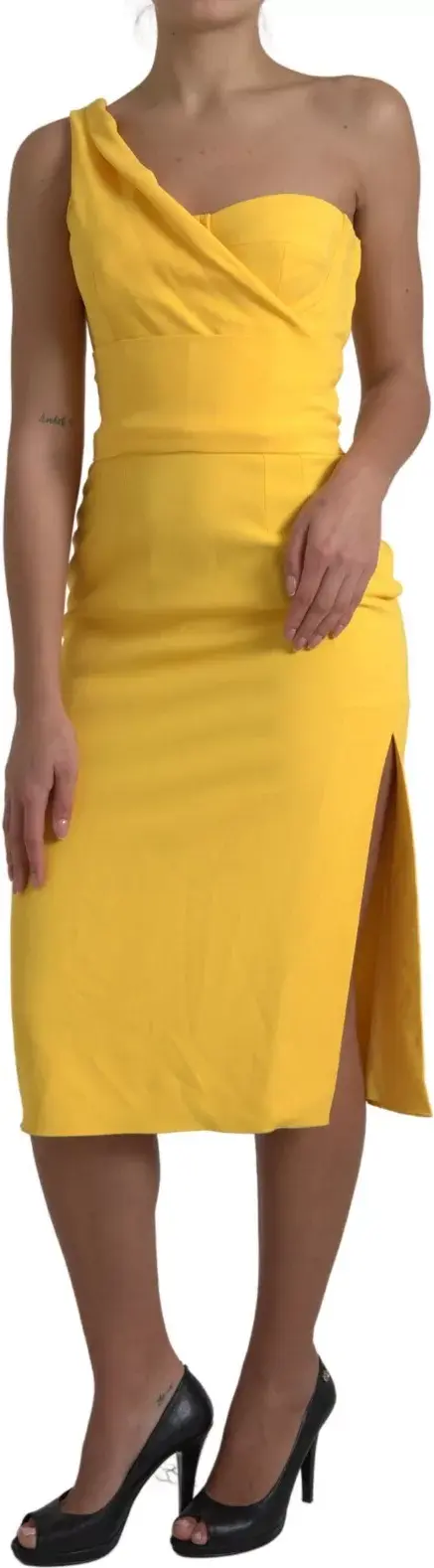 Dolce & Gabbana dan sariq yengli, yon yoriqli, tor uslubdagi midi ko'ylak