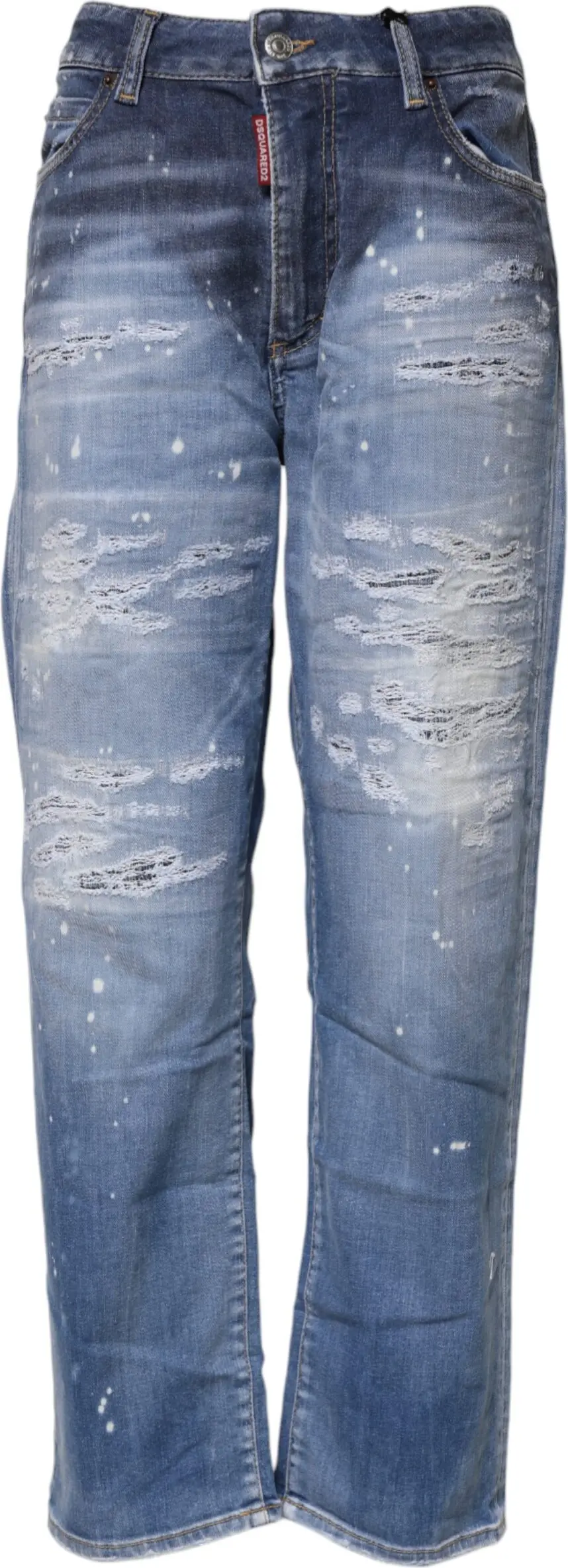 Blue Tattered Cotton Mid Waist Straight Denim Jeans by Dsquared2