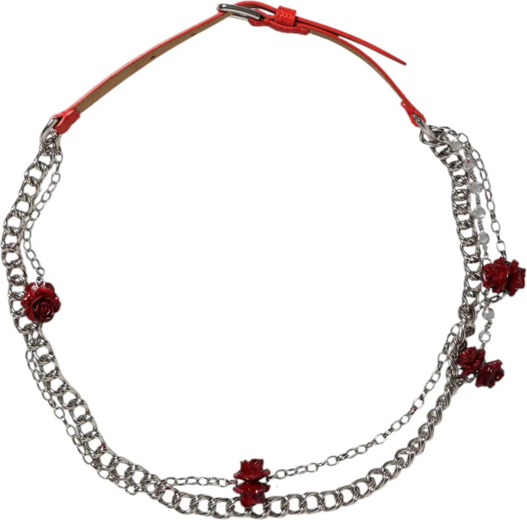Модный ремень Dolce & Gabbana Красный кожаный с серебряной цепочкой и цветочным узором