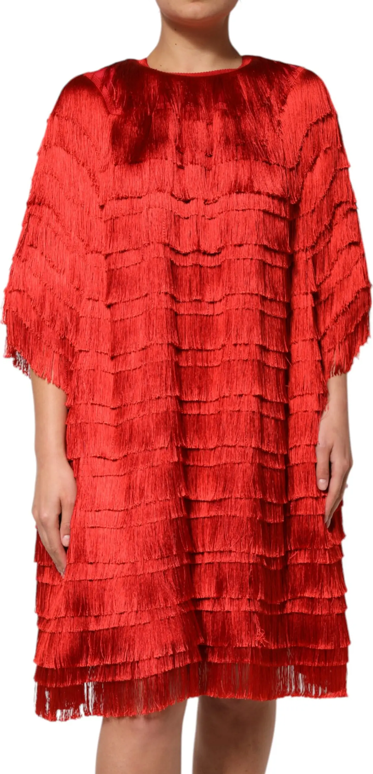 Qizil ipakli,Collected-frillli,Qiyshiq kesimli, Tizzagacha bo'yli libos, Dolce & Gabbana