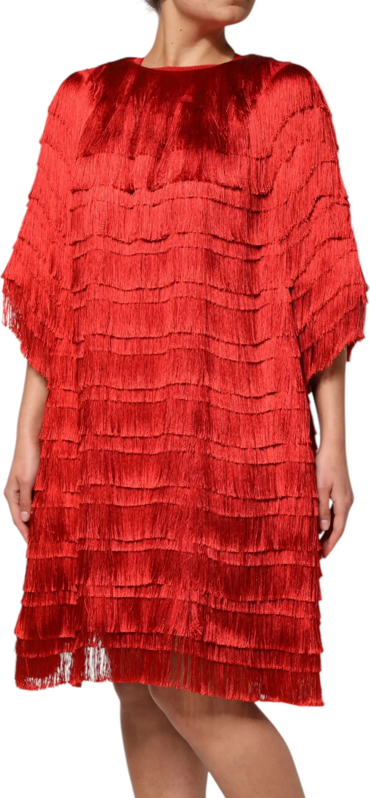Red Silk Tiers Fringe Shift Knee Length Dress Dolce & Gabbana