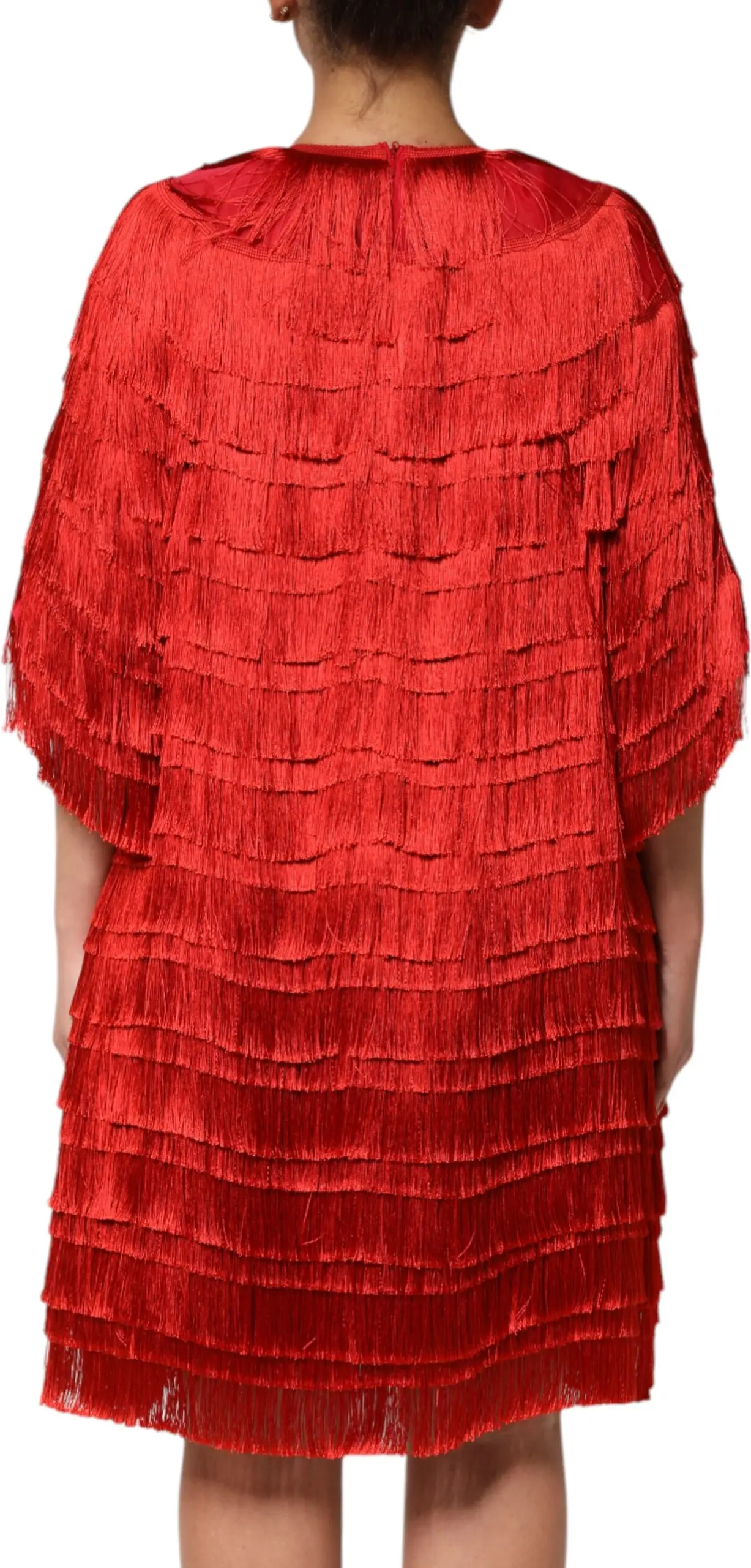 Red Silk Tiers Fringe Shift Knee Length Dress Dolce & Gabbana