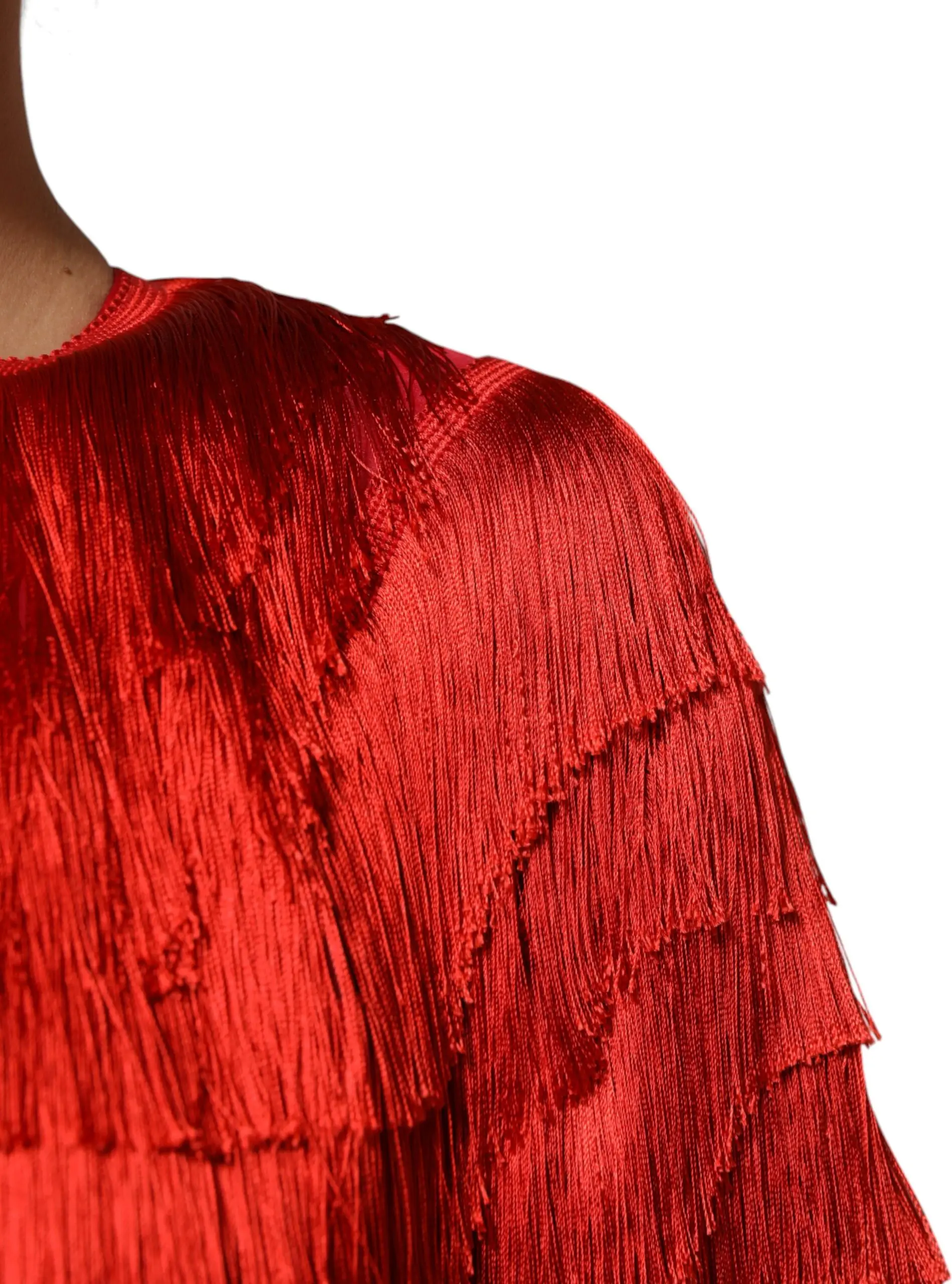 Red Silk Tiers Fringe Shift Knee Length Dress Dolce & Gabbana