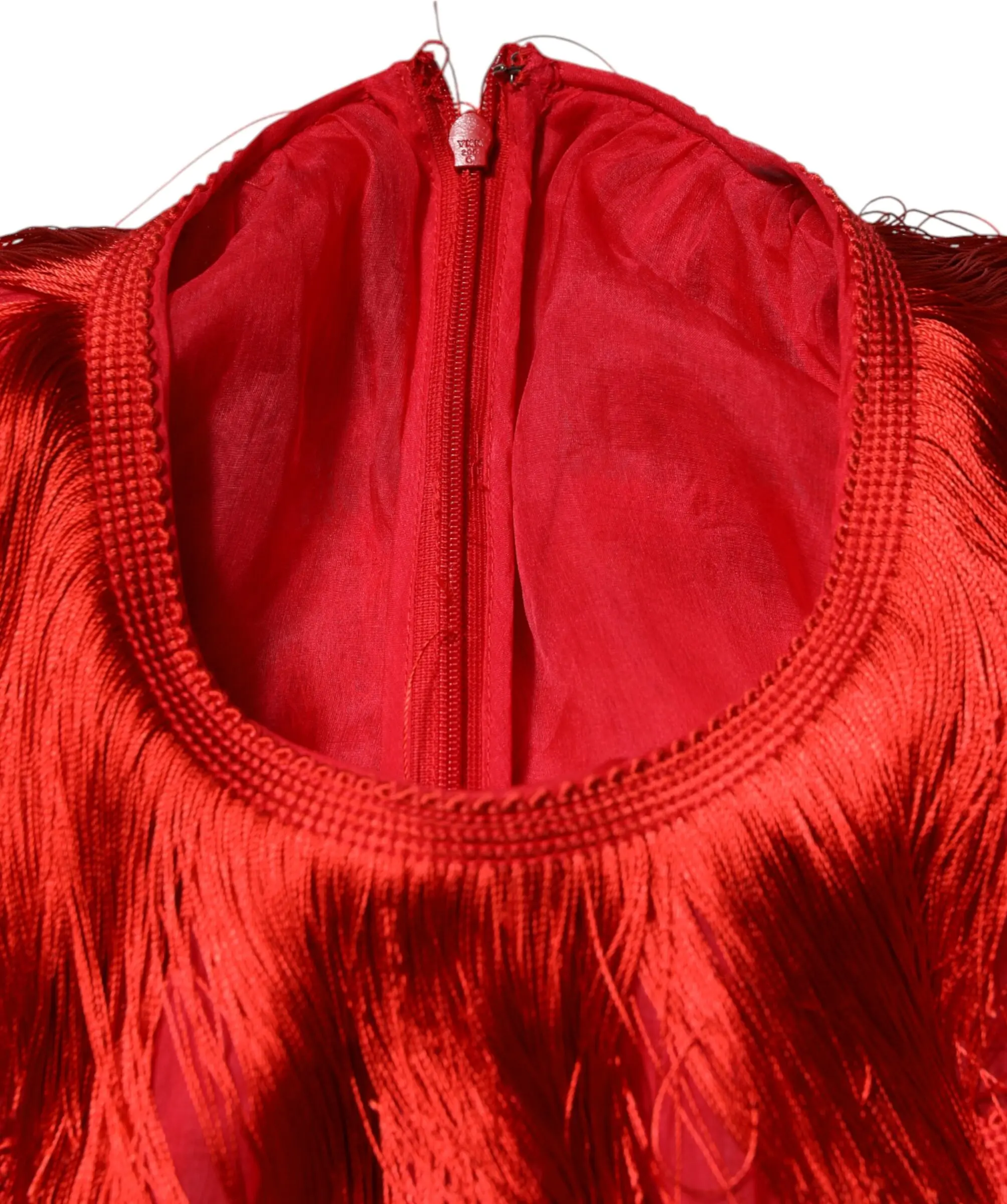 Red Silk Tiers Fringe Shift Knee Length Dress Dolce & Gabbana