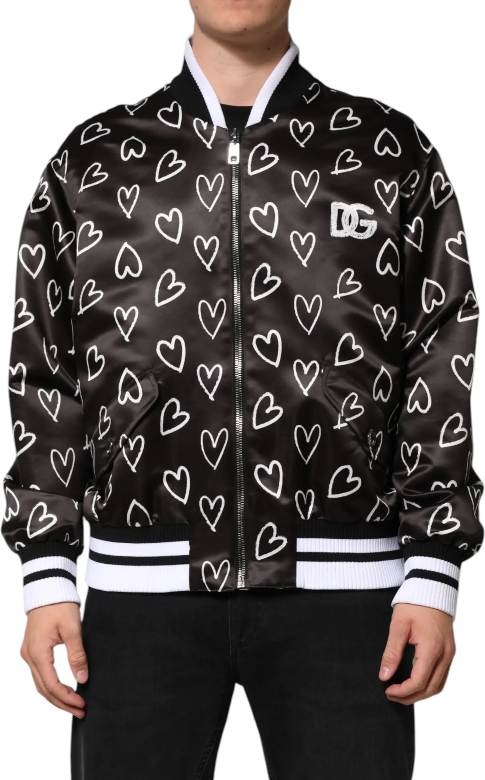 Qora yurak printli poliester bomber kurtkasi