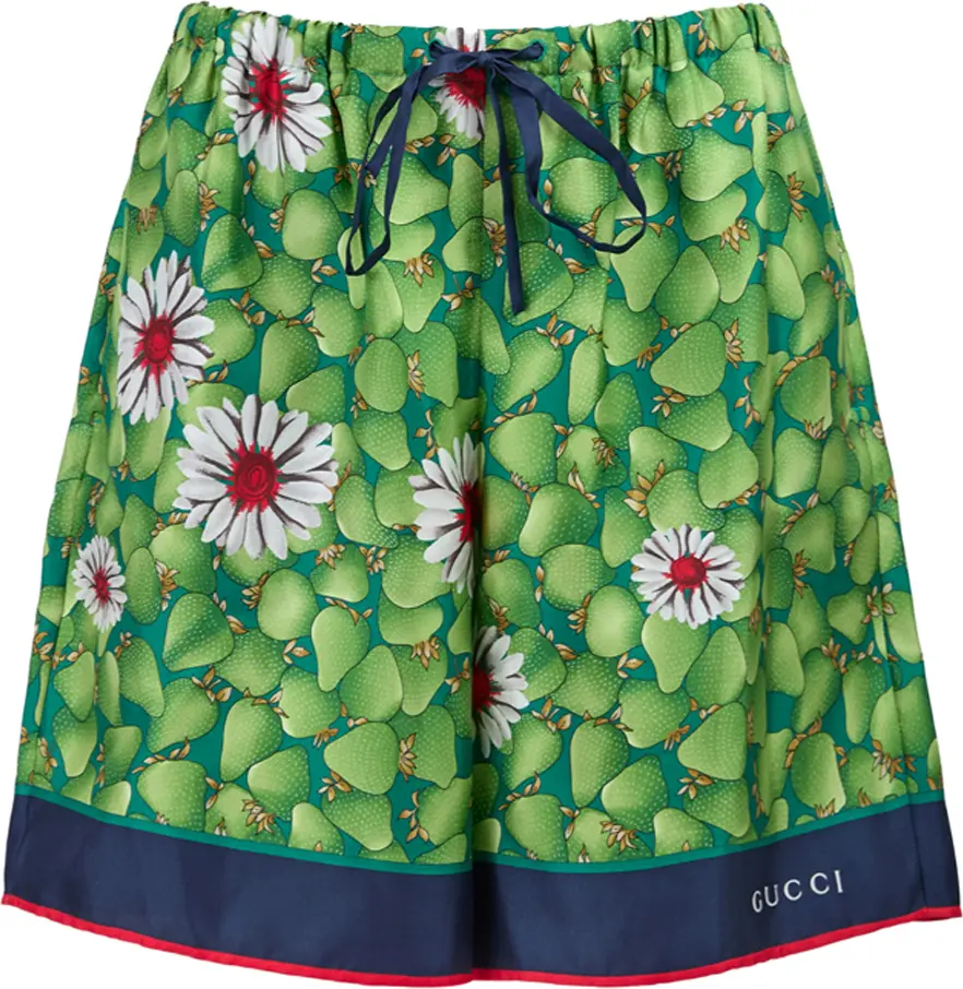 Шорты Gucci с принтом «Зеленые цветы» из шелка