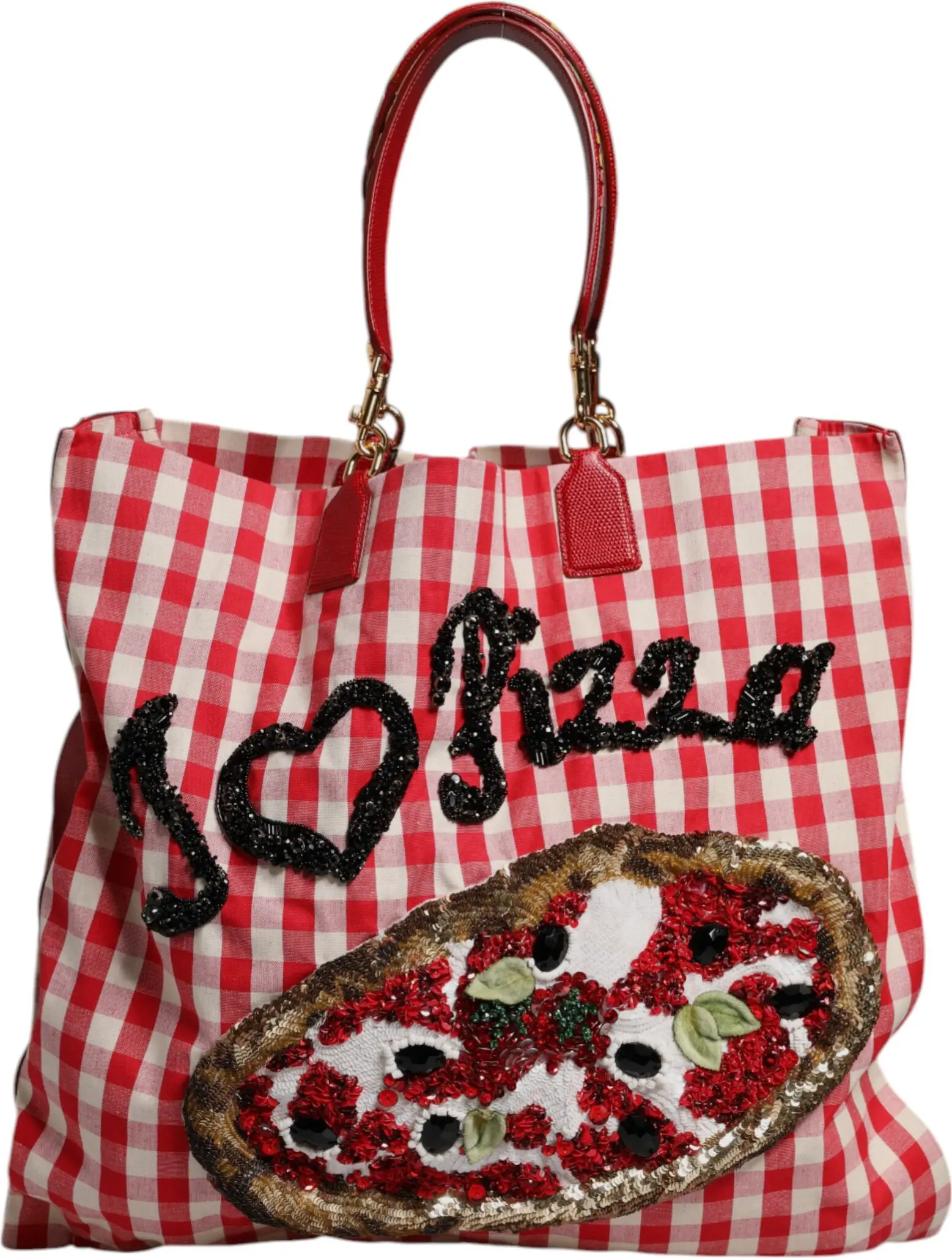 Dolce & Gabbana Qizil "Men Pizza" Rhinestone Bezali Tote Sumkasi