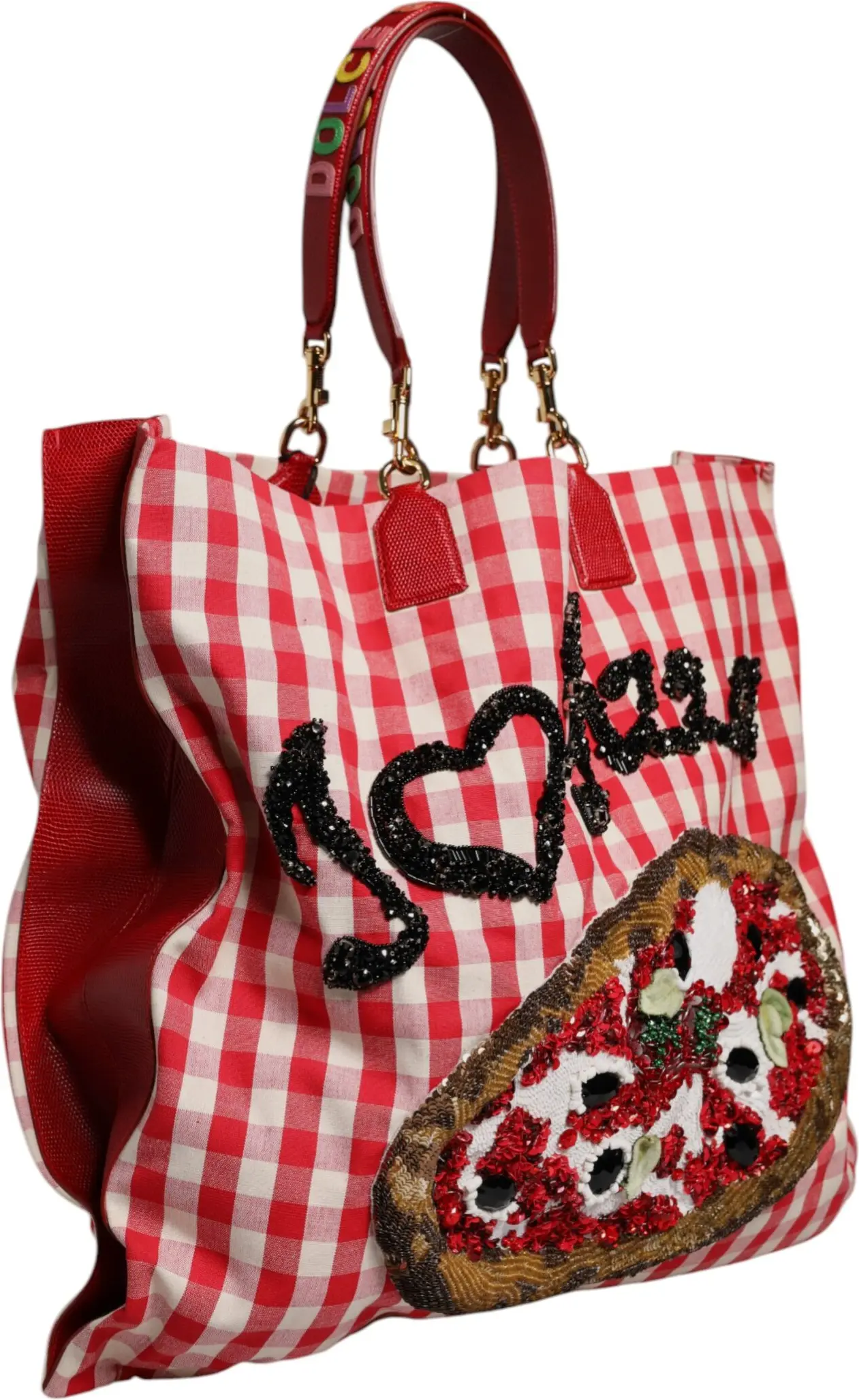 Dolce & Gabbana Qizil "Men Pizza" Rhinestone Bezali Tote Sumkasi