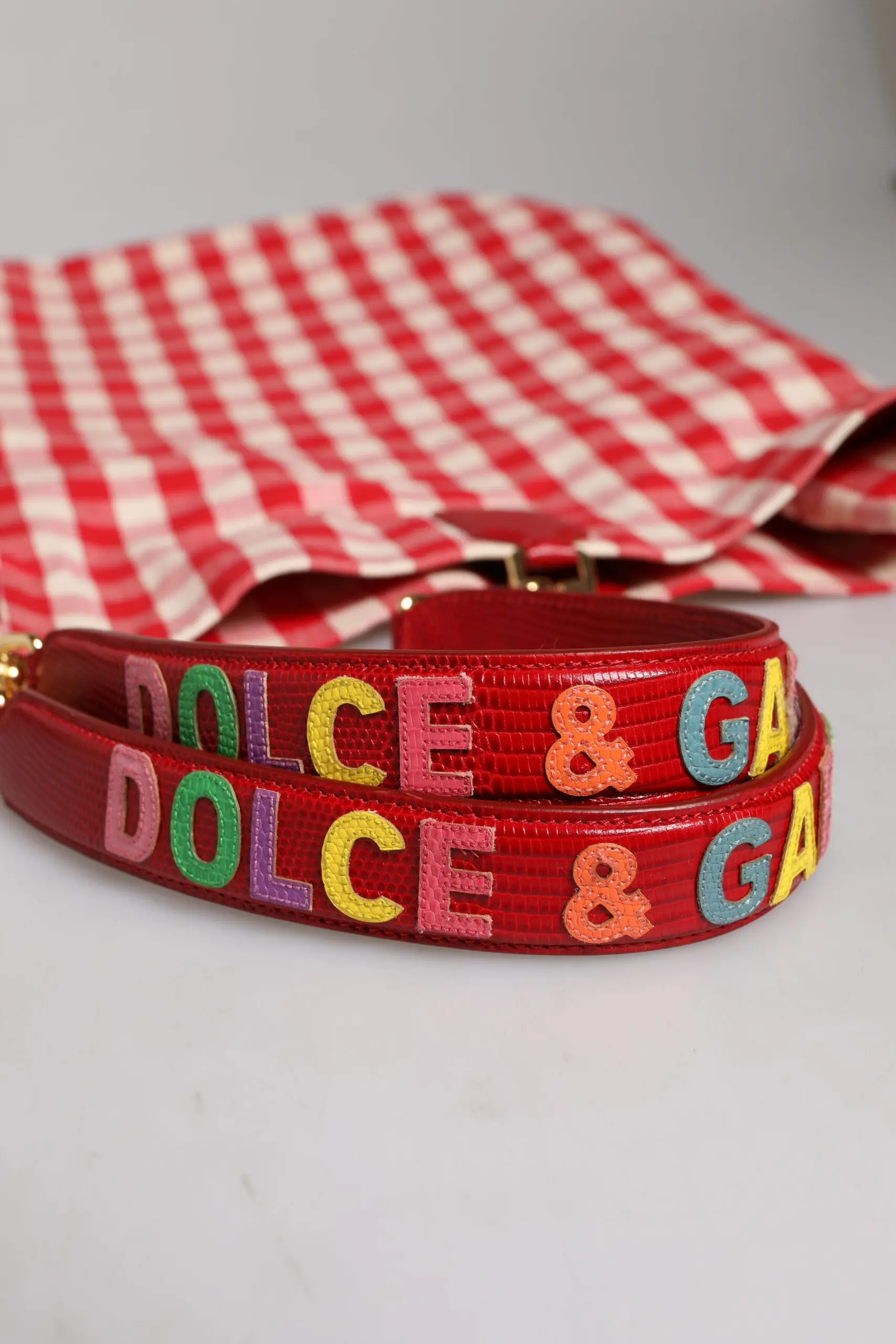 Dolce & Gabbana Qizil "Men Pizza" Rhinestone Bezali Tote Sumkasi