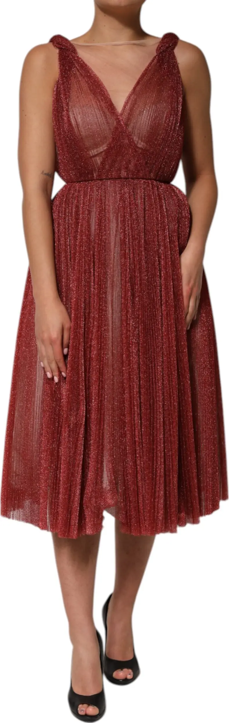 Dolce & Gabbana Burgundy Mesh Sleeveless Midi A-line Dress