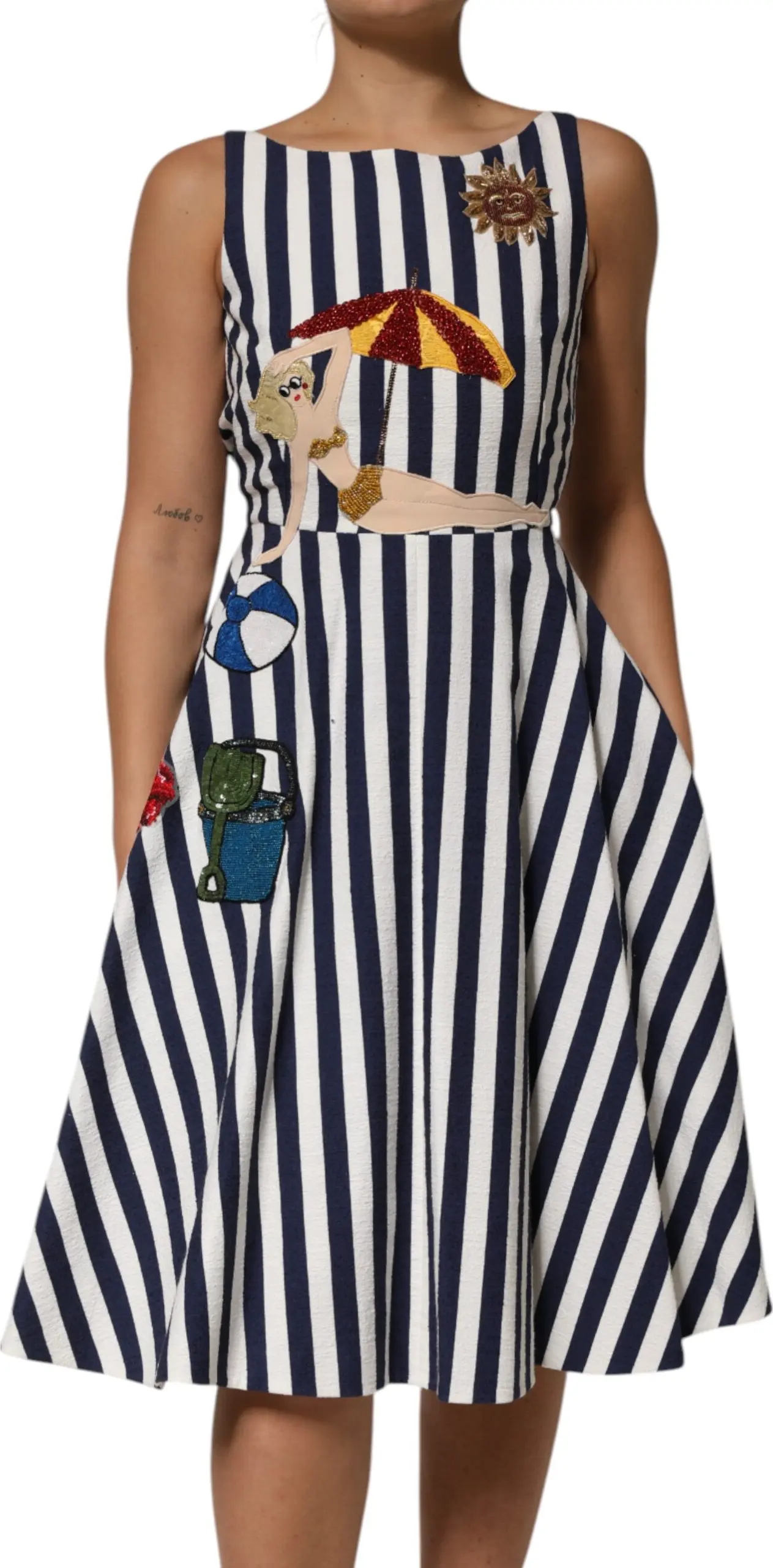Blue White Striped Embroidered A-line Dress by Dolce & Gabbana