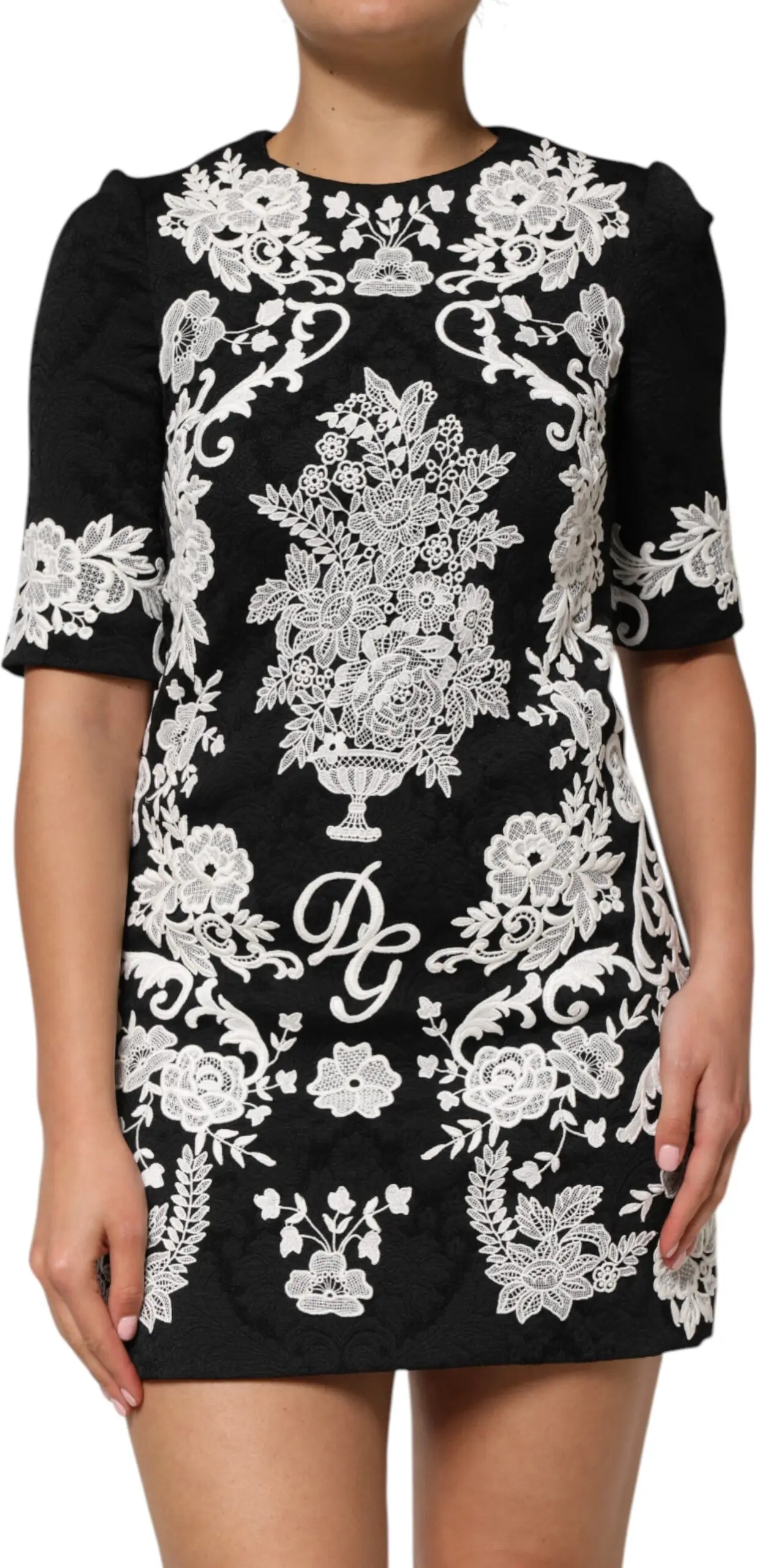 Dress Dolce & Gabbana Black Lace Trim Short Sleeves A-line Dress