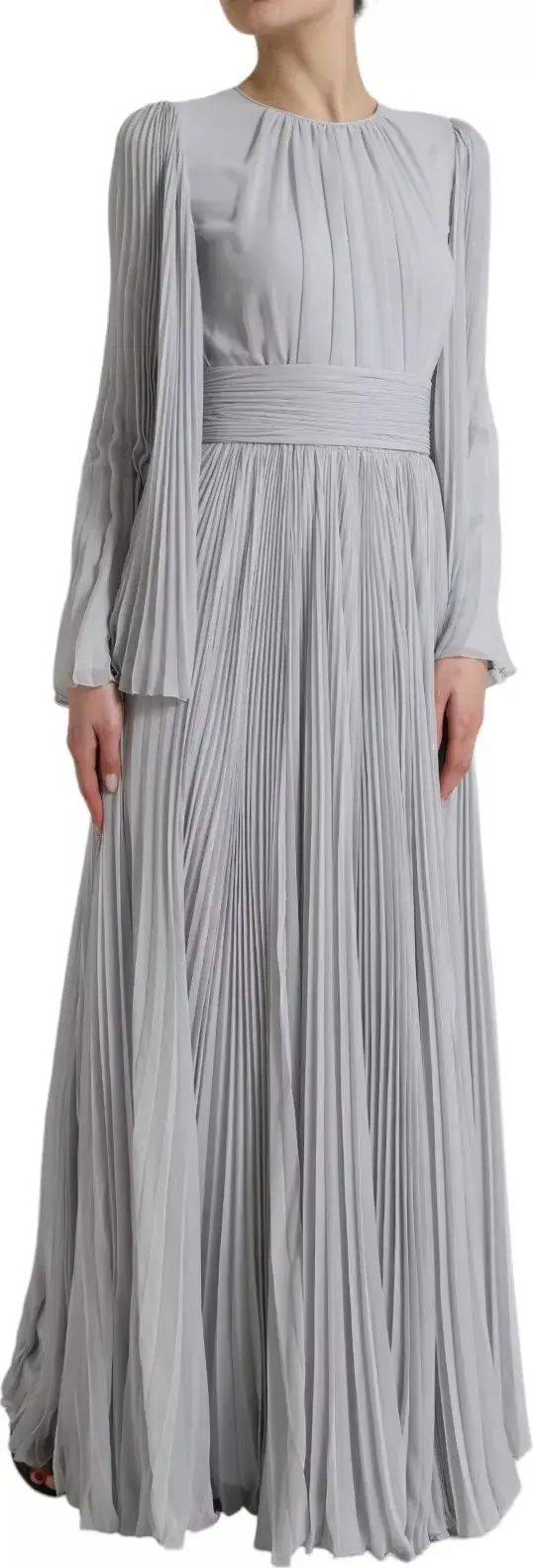 Dolce & Gabbana Light Grey Polyester Pleated Long Maxi Dress