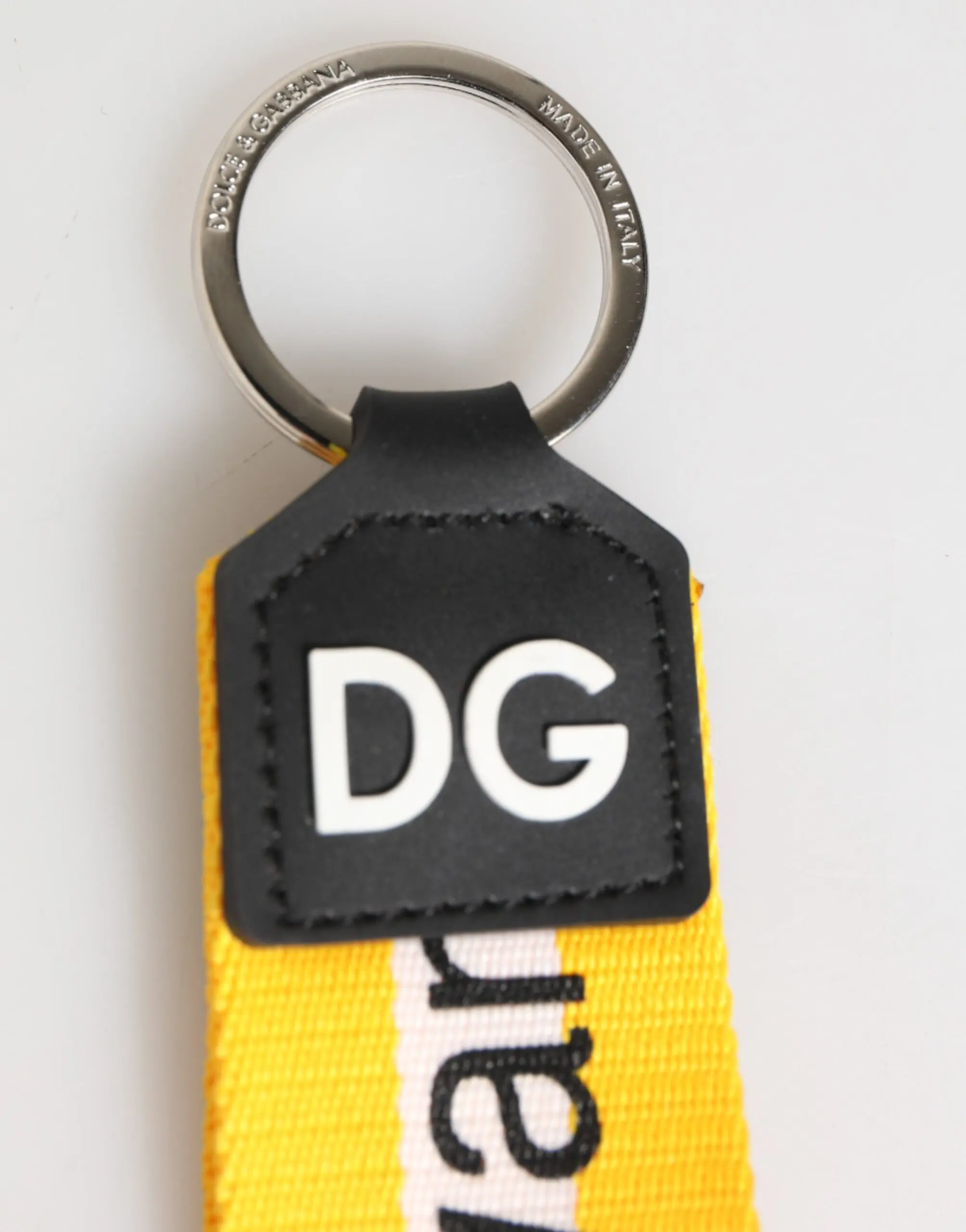 Keychain Holder Dolce & Gabbana Yellow Logo Polyester Silver Brass