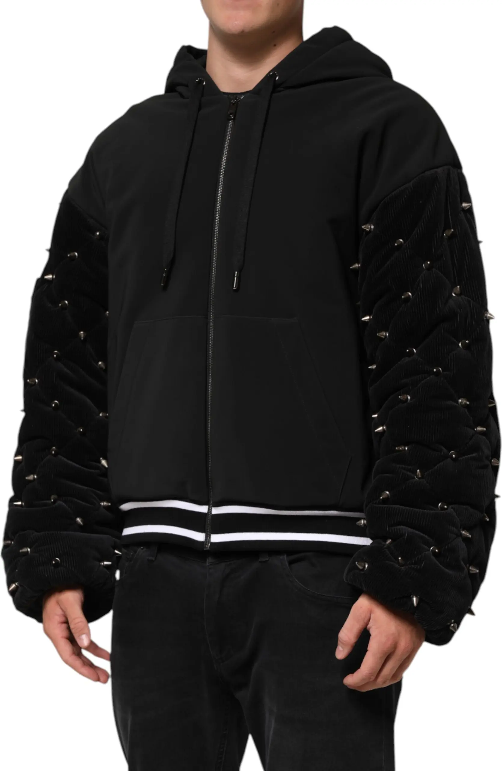 Dolce & Gabbana'dan qora paxmoqli, naqshinkor yengli, metall detallarga ega hoodie kurtka