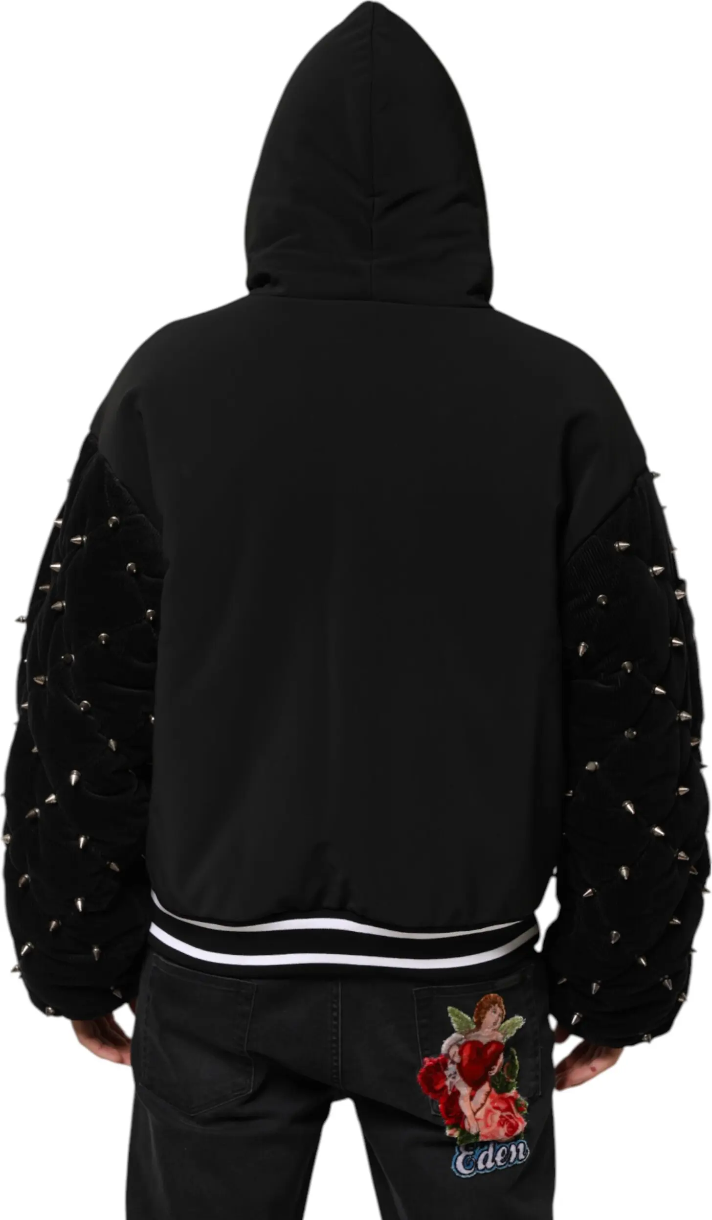 Dolce & Gabbana'dan qora paxmoqli, naqshinkor yengli, metall detallarga ega hoodie kurtka