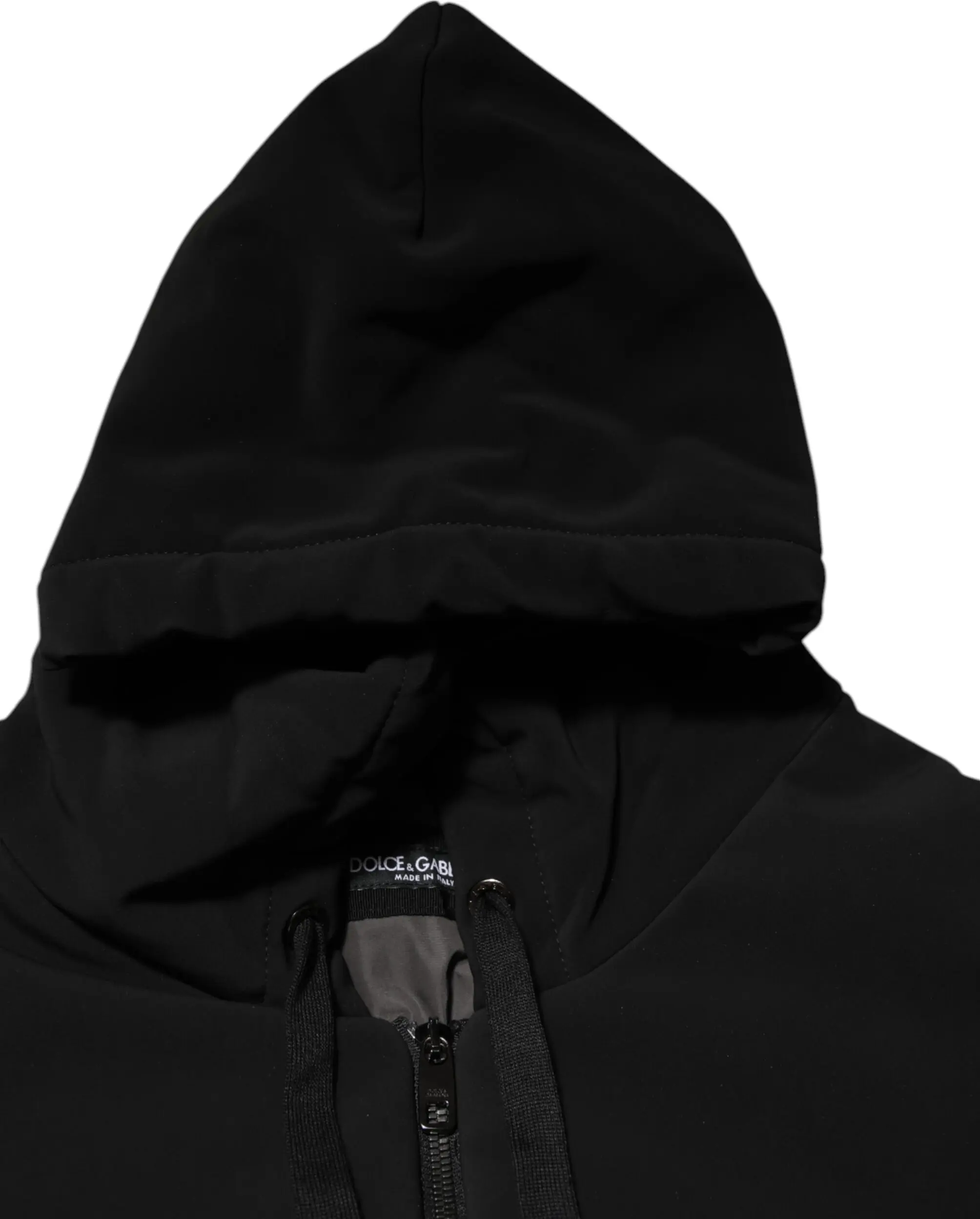 Dolce & Gabbana'dan qora paxmoqli, naqshinkor yengli, metall detallarga ega hoodie kurtka