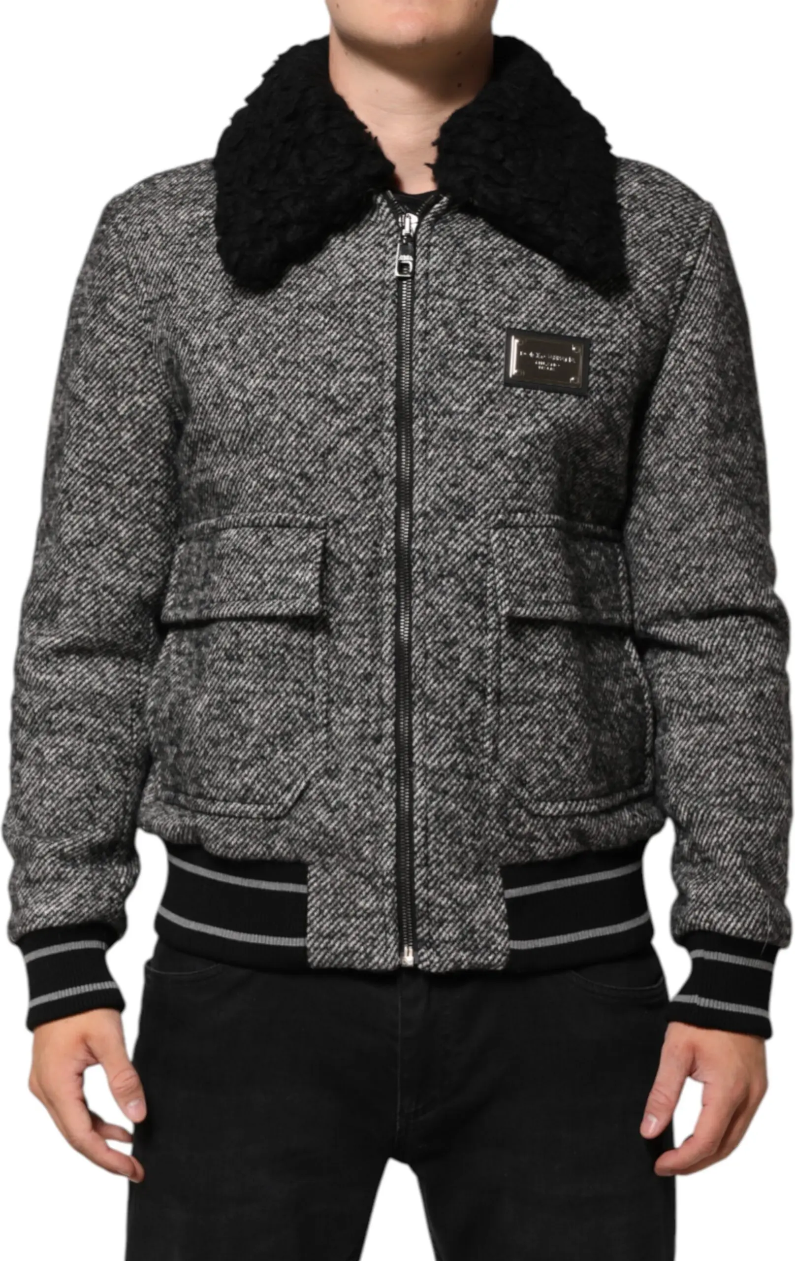 Gray Wool Herringbone Shearling Collar Bomber Jacket