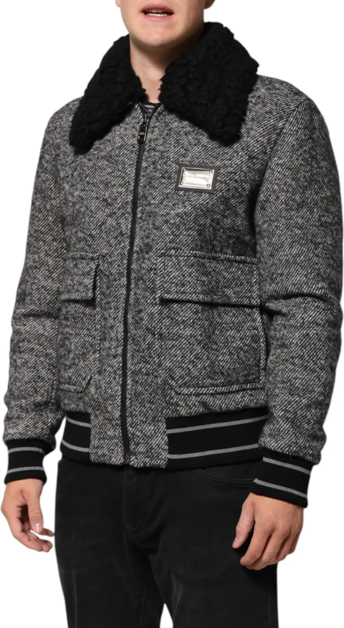 Gray Wool Herringbone Shearling Collar Bomber Jacket