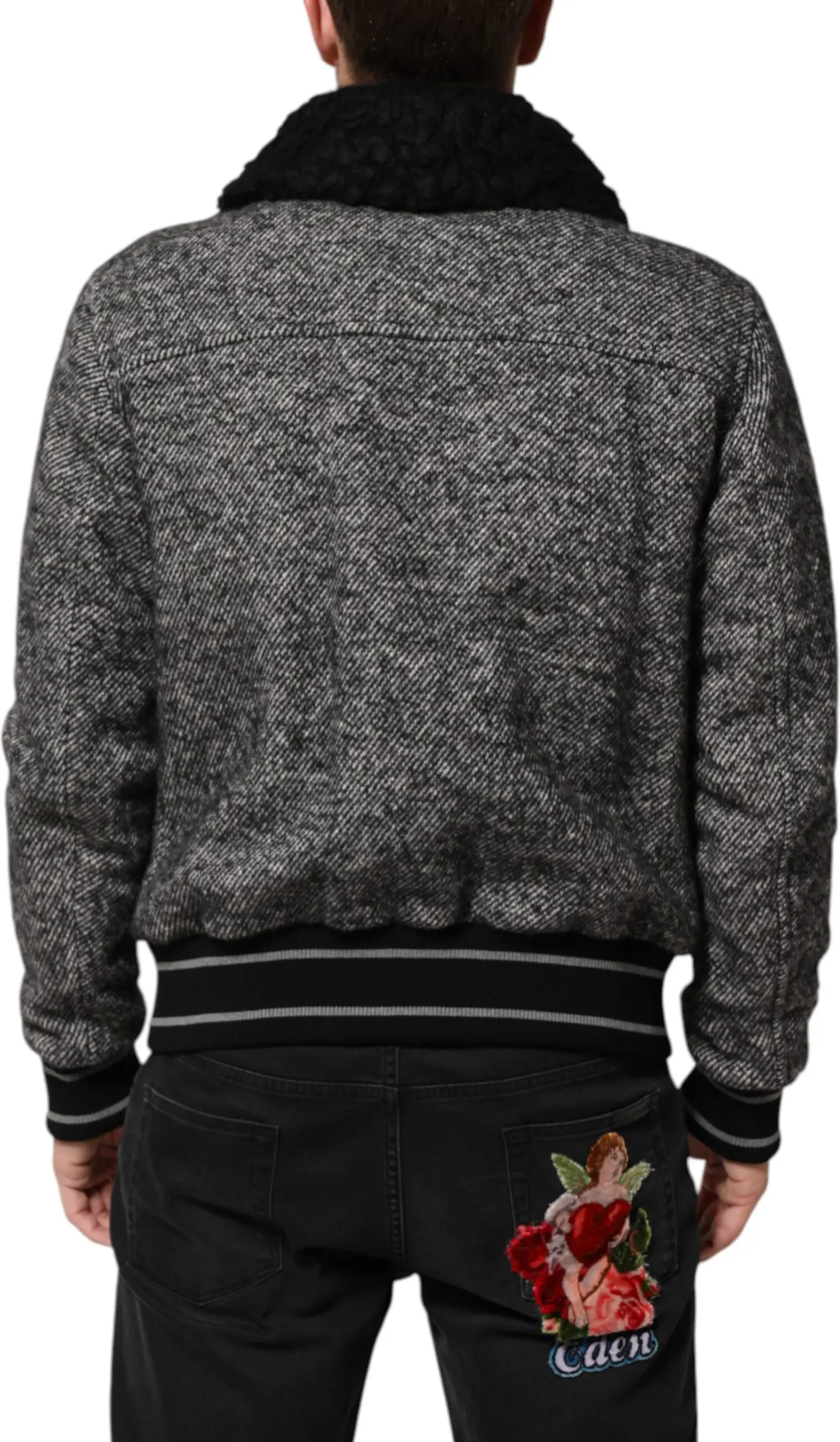 Gray Wool Herringbone Shearling Collar Bomber Jacket