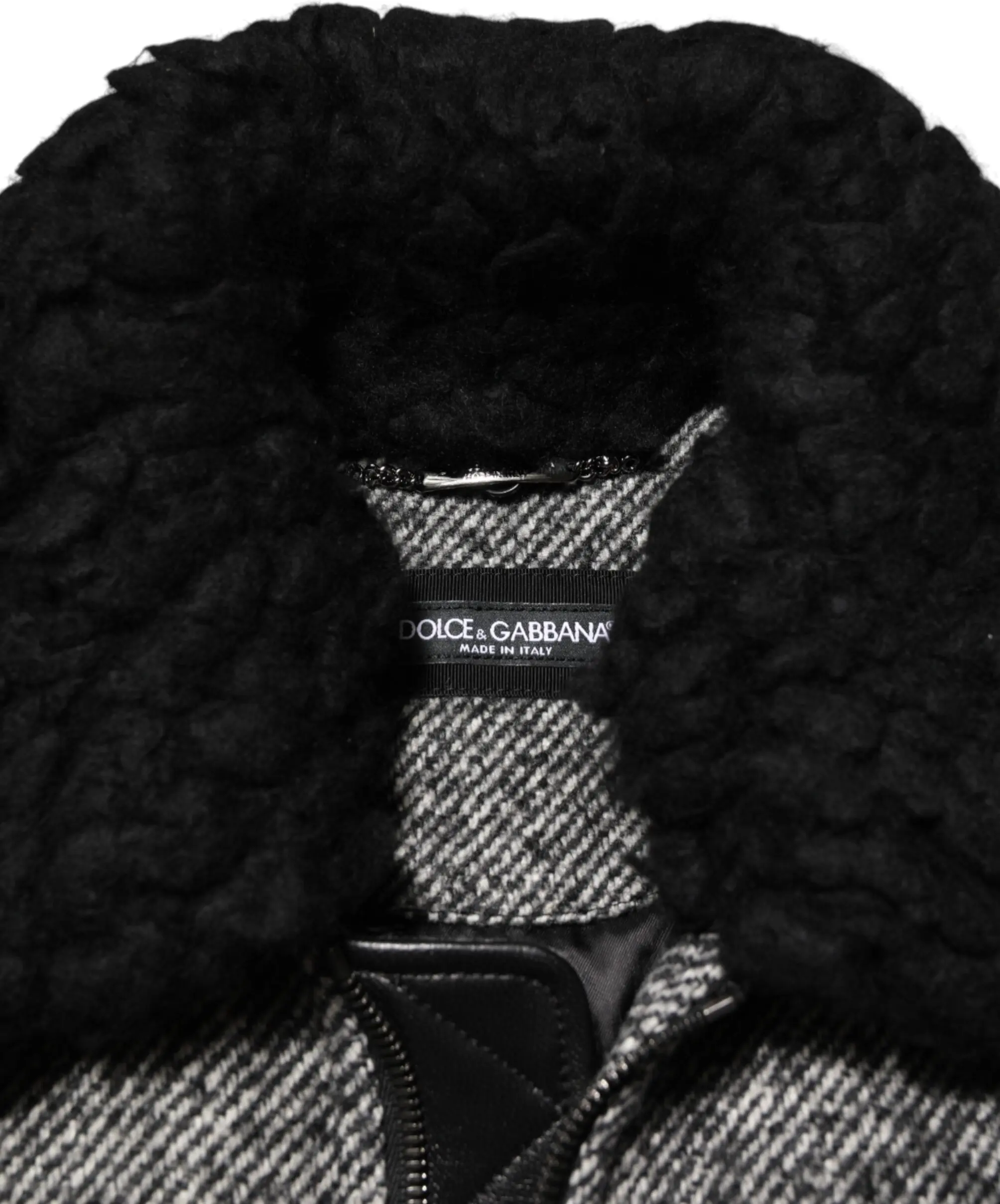 Gray Wool Herringbone Shearling Collar Bomber Jacket
