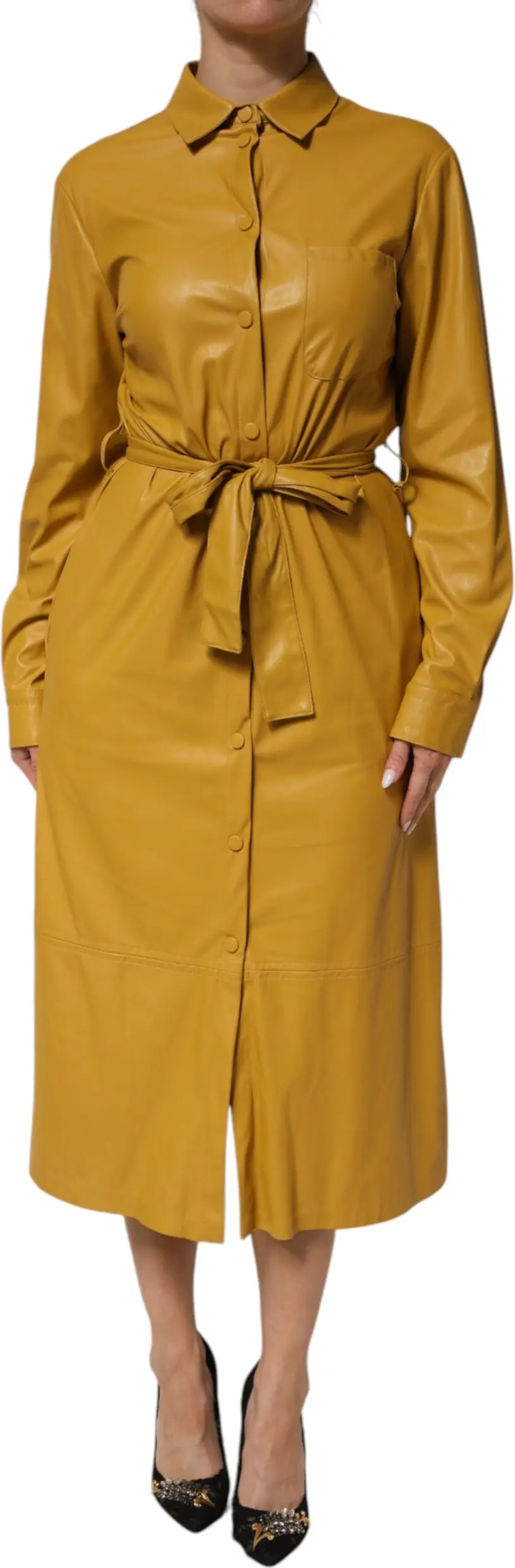 Polyester Belted Shirt Midi Long Sleeve Yellow Mustard Dress Pinko