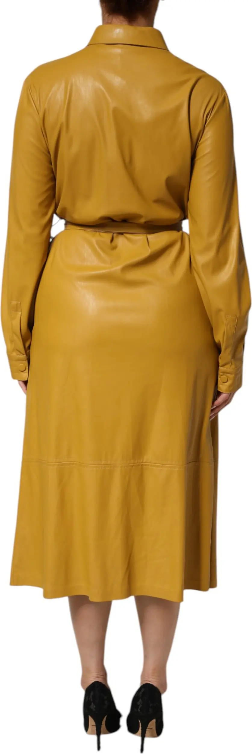 Polyester kamarli ko'ynukli midi yengli sariq jigar rangli ko'ylak Pinko