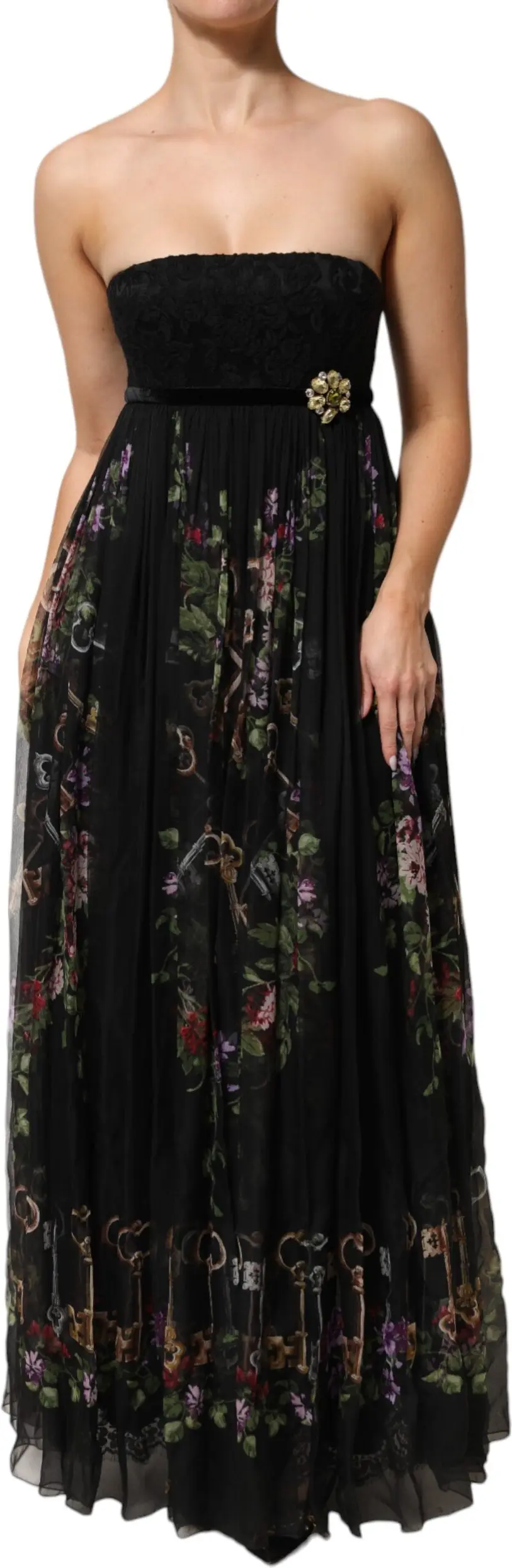 Dress Dolce & Gabbana Black Floral Key Print Crystal Strapless