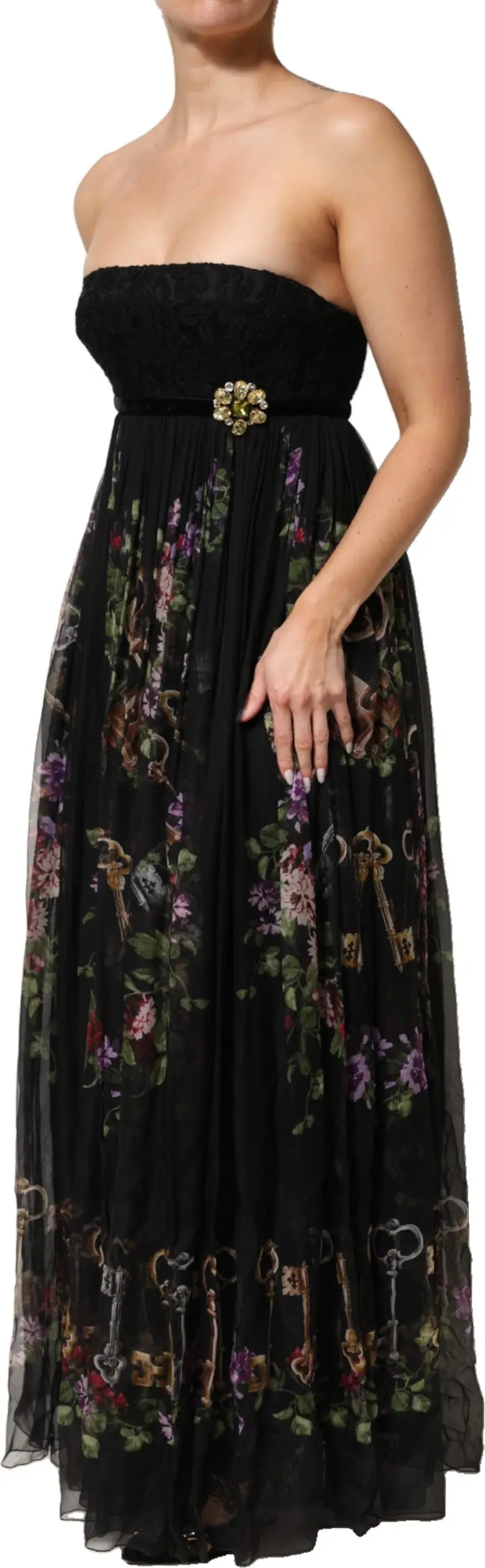 Платье Dolce & Gabbana Черное Цветочное С Принтом Ключей Без Бретелек с Кристаллами