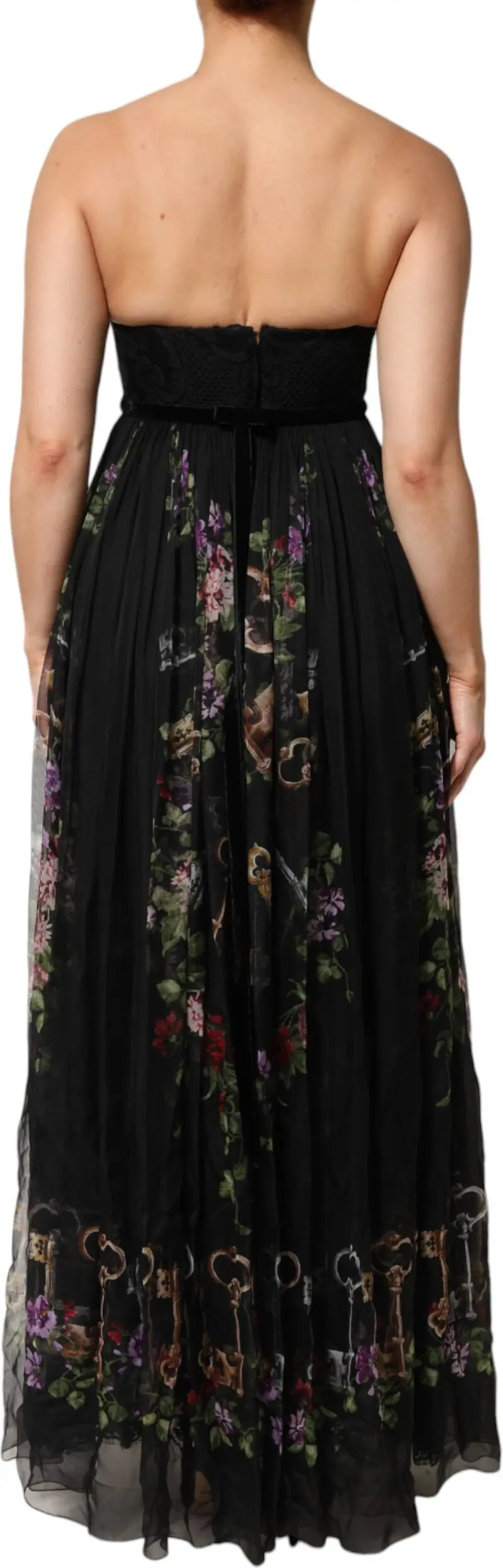 Платье Dolce & Gabbana Черное Цветочное С Принтом Ключей Без Бретелек с Кристаллами