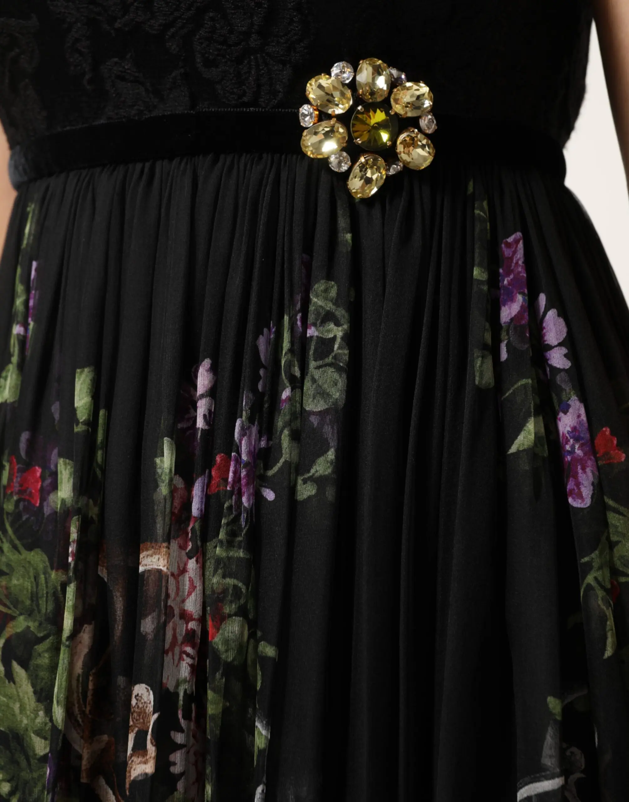 Платье Dolce & Gabbana Черное Цветочное С Принтом Ключей Без Бретелек с Кристаллами