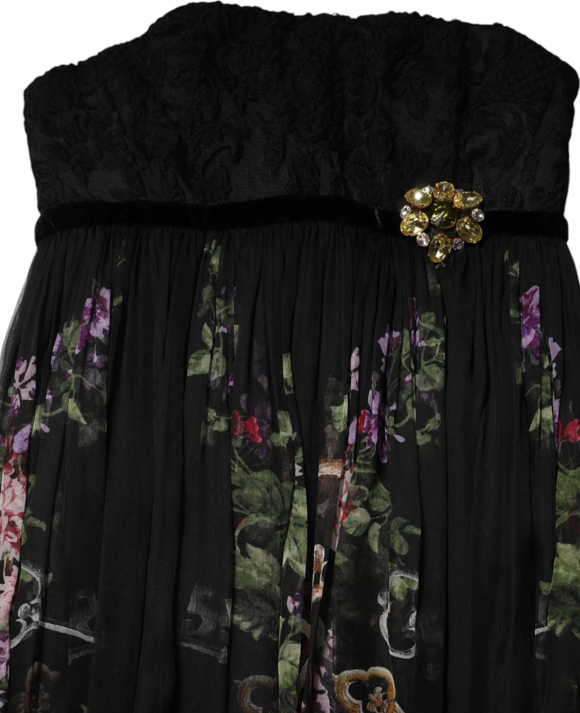 Платье Dolce & Gabbana Черное Цветочное С Принтом Ключей Без Бретелек с Кристаллами